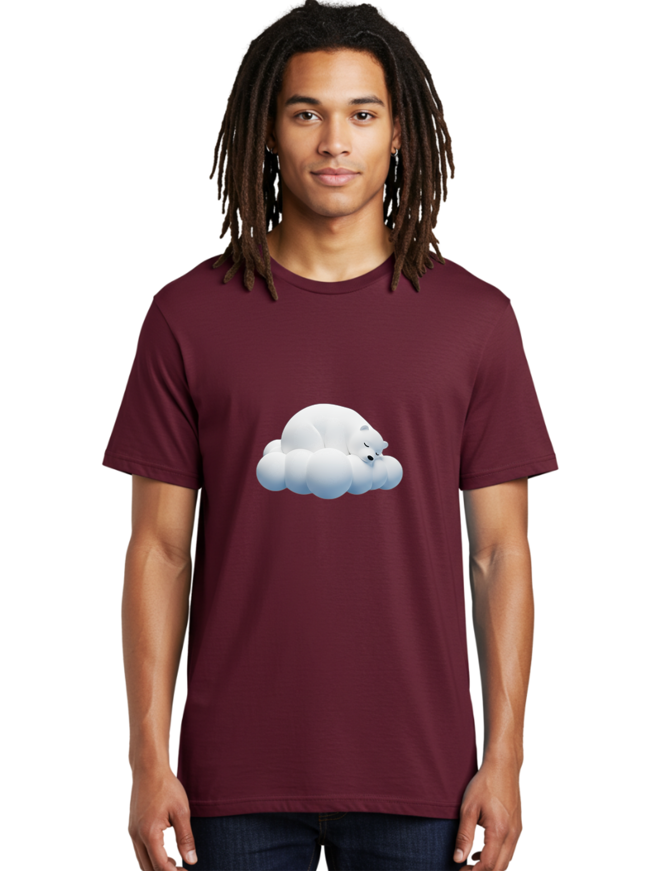 Sleeping-Polar-Bear-2 Men'S Graphic Tee, 100% Cotton, Comfortable Casual Summer Wear, Machine Washable, Sleeping Polar Bear On Cloud, Peaceful Slumber, Serene Atmosphere, Cute Cartoon Character, Relaxing Illustration, Sweet Dreams, Calmness, Bae743