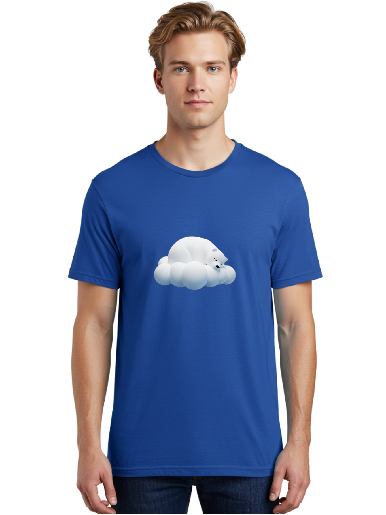 Sleeping-Polar-Bear-2 Men'S Graphic Tee, 100% Cotton, Comfortable Casual Summer Wear, Machine Washable, Sleeping Polar Bear On Cloud, Peaceful Slumber, Serene Atmosphere, Cute Cartoon Character, Relaxing Illustration, Sweet Dreams, Calmness, Bae743