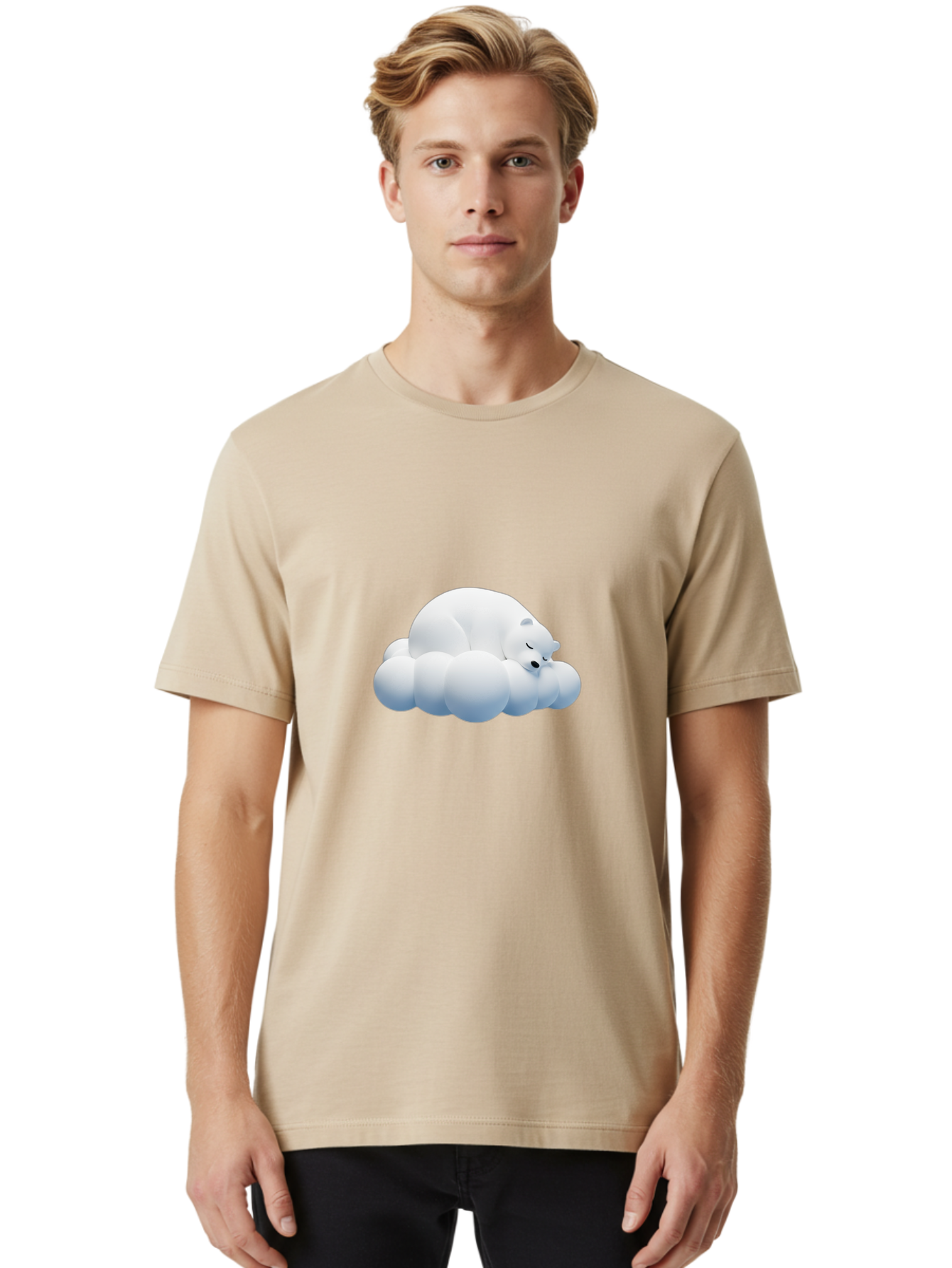 Sleeping-Polar-Bear-2 Men'S Graphic Tee, 100% Cotton, Comfortable Casual Summer Wear, Machine Washable, Sleeping Polar Bear On Cloud, Peaceful Slumber, Serene Atmosphere, Cute Cartoon Character, Relaxing Illustration, Sweet Dreams, Calmness, Bae743