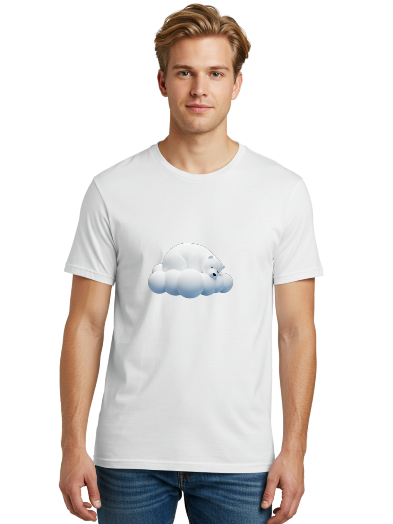 Sleeping-Polar-Bear-2 Men'S Graphic Tee, 100% Cotton, Comfortable Casual Summer Wear, Machine Washable, Sleeping Polar Bear On Cloud, Peaceful Slumber, Serene Atmosphere, Cute Cartoon Character, Relaxing Illustration, Sweet Dreams, Calmness, Bae743