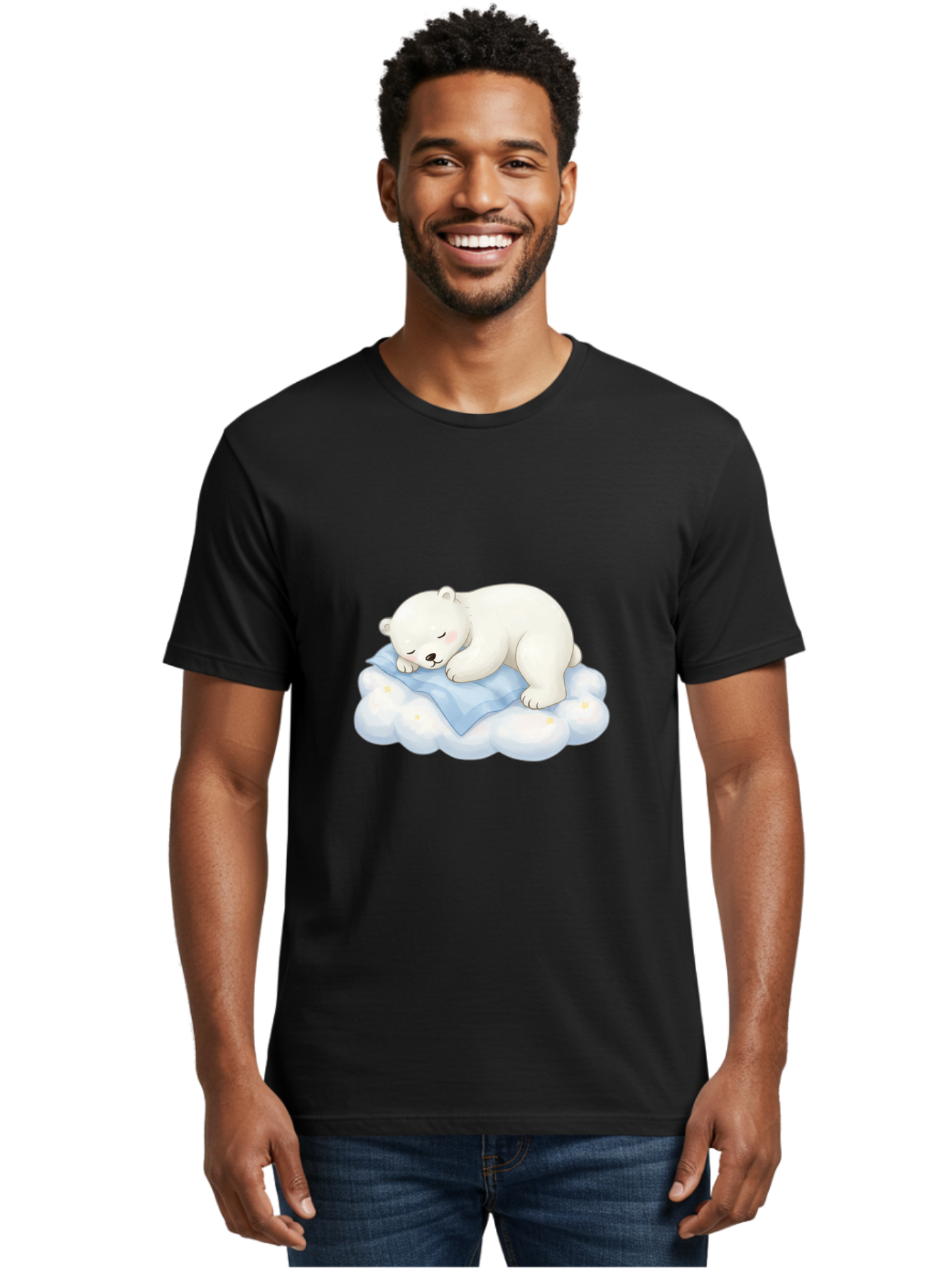 Sleeping-Polar-Bear-3 Men'S Graphic Tee, 100% Cotton, Comfortable Casual Summer Wear, Machine Washable, Polar Bear Sleeping On Cloud, Cute Cartoon Bear, Peaceful Slumber, Fluffy White Bear, Serene Atmosphere, Adorable Animal, Kawaii Bae744