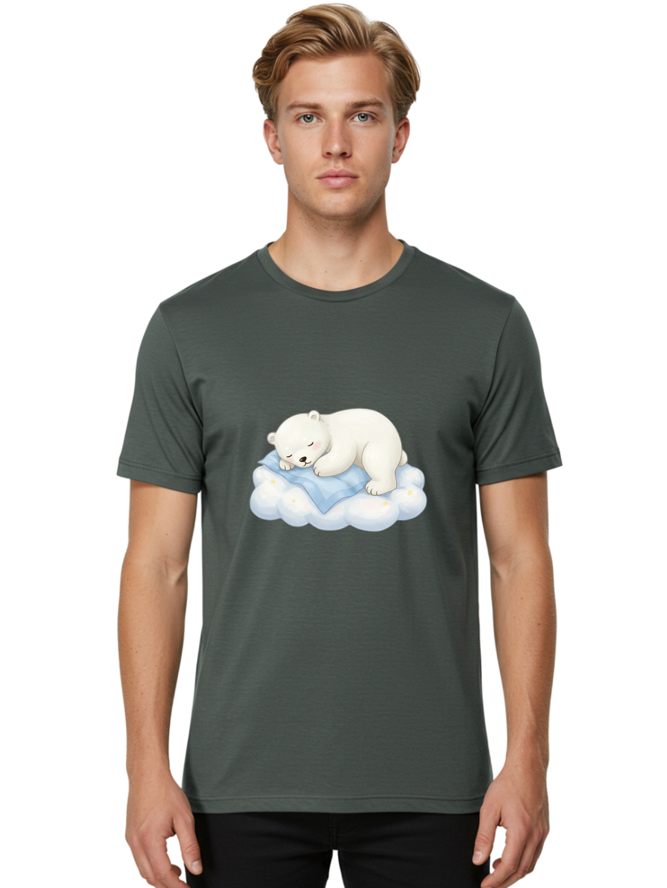 Sleeping-Polar-Bear-3 Men'S Graphic Tee, 100% Cotton, Comfortable Casual Summer Wear, Machine Washable, Polar Bear Sleeping On Cloud, Cute Cartoon Bear, Peaceful Slumber, Fluffy White Bear, Serene Atmosphere, Adorable Animal, Kawaii Bae744