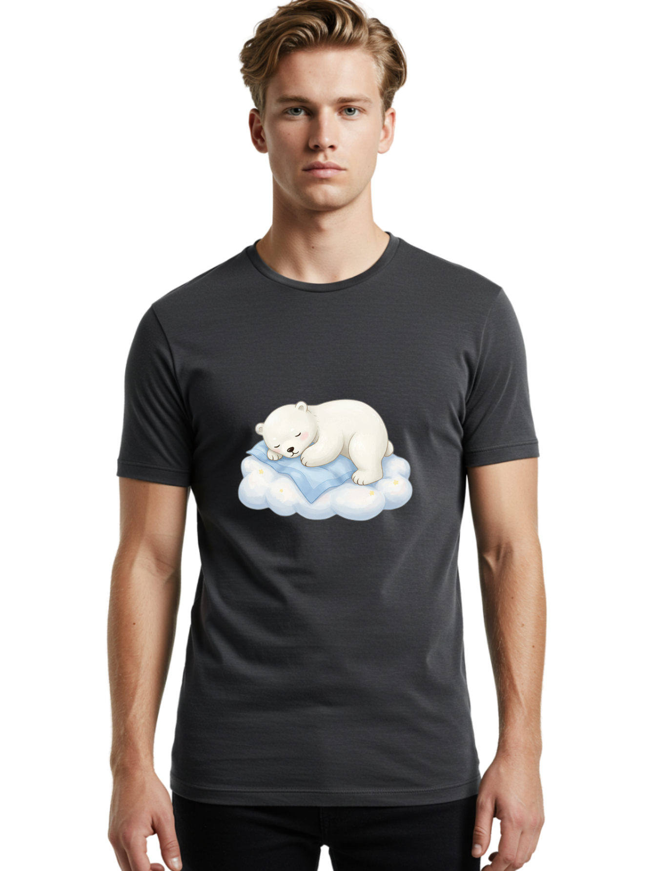 Sleeping-Polar-Bear-3 Men'S Graphic Tee, 100% Cotton, Comfortable Casual Summer Wear, Machine Washable, Polar Bear Sleeping On Cloud, Cute Cartoon Bear, Peaceful Slumber, Fluffy White Bear, Serene Atmosphere, Adorable Animal, Kawaii Bae744