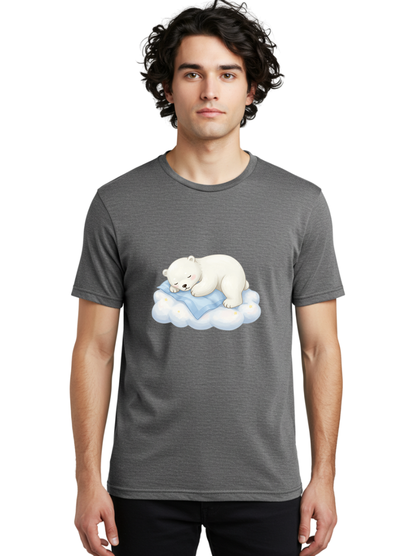 Sleeping-Polar-Bear-3 Men'S Graphic Tee, 100% Cotton, Comfortable Casual Summer Wear, Machine Washable, Polar Bear Sleeping On Cloud, Cute Cartoon Bear, Peaceful Slumber, Fluffy White Bear, Serene Atmosphere, Adorable Animal, Kawaii Bae744