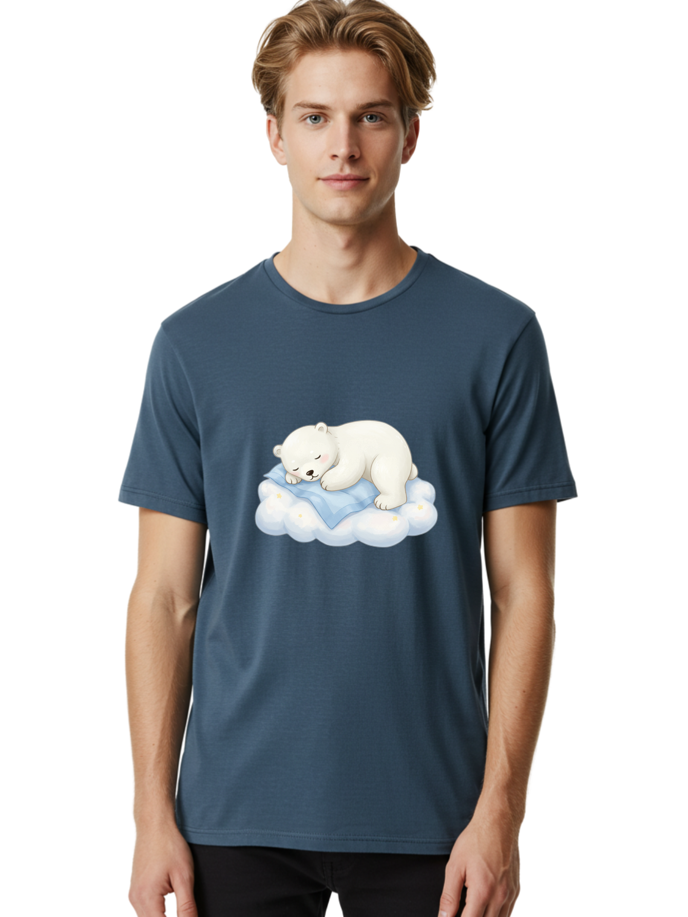 Sleeping-Polar-Bear-3 Men'S Graphic Tee, 100% Cotton, Comfortable Casual Summer Wear, Machine Washable, Polar Bear Sleeping On Cloud, Cute Cartoon Bear, Peaceful Slumber, Fluffy White Bear, Serene Atmosphere, Adorable Animal, Kawaii Bae744