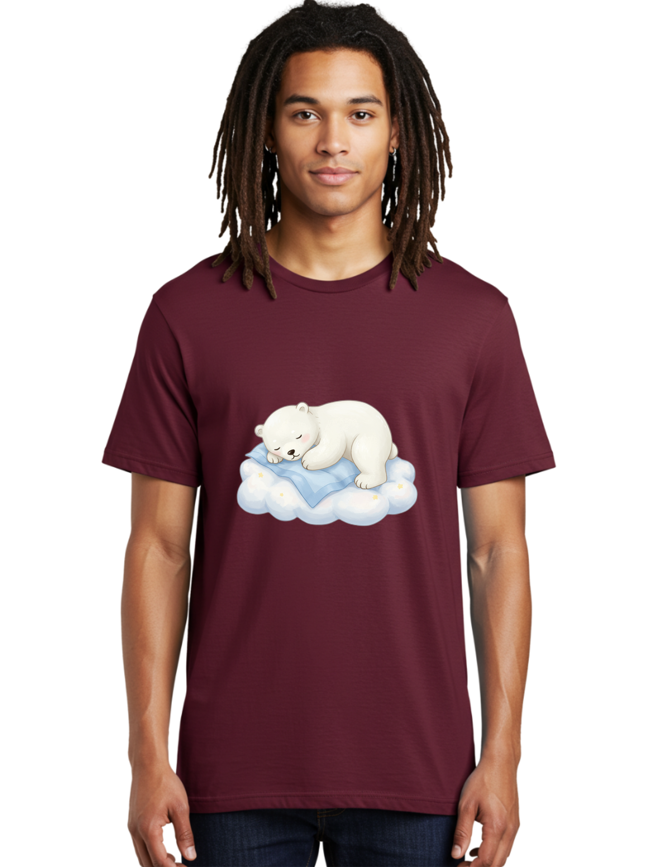 Sleeping-Polar-Bear-3 Men'S Graphic Tee, 100% Cotton, Comfortable Casual Summer Wear, Machine Washable, Polar Bear Sleeping On Cloud, Cute Cartoon Bear, Peaceful Slumber, Fluffy White Bear, Serene Atmosphere, Adorable Animal, Kawaii Bae744