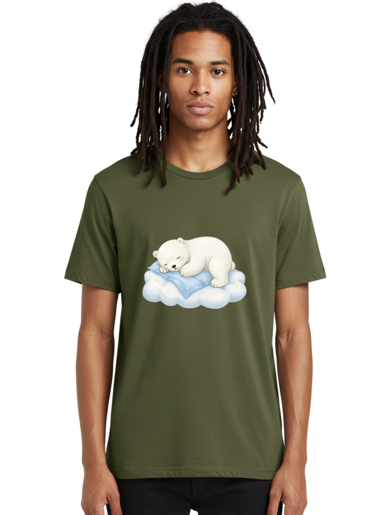 Sleeping-Polar-Bear-3 Men'S Graphic Tee, 100% Cotton, Comfortable Casual Summer Wear, Machine Washable, Polar Bear Sleeping On Cloud, Cute Cartoon Bear, Peaceful Slumber, Fluffy White Bear, Serene Atmosphere, Adorable Animal, Kawaii Bae744