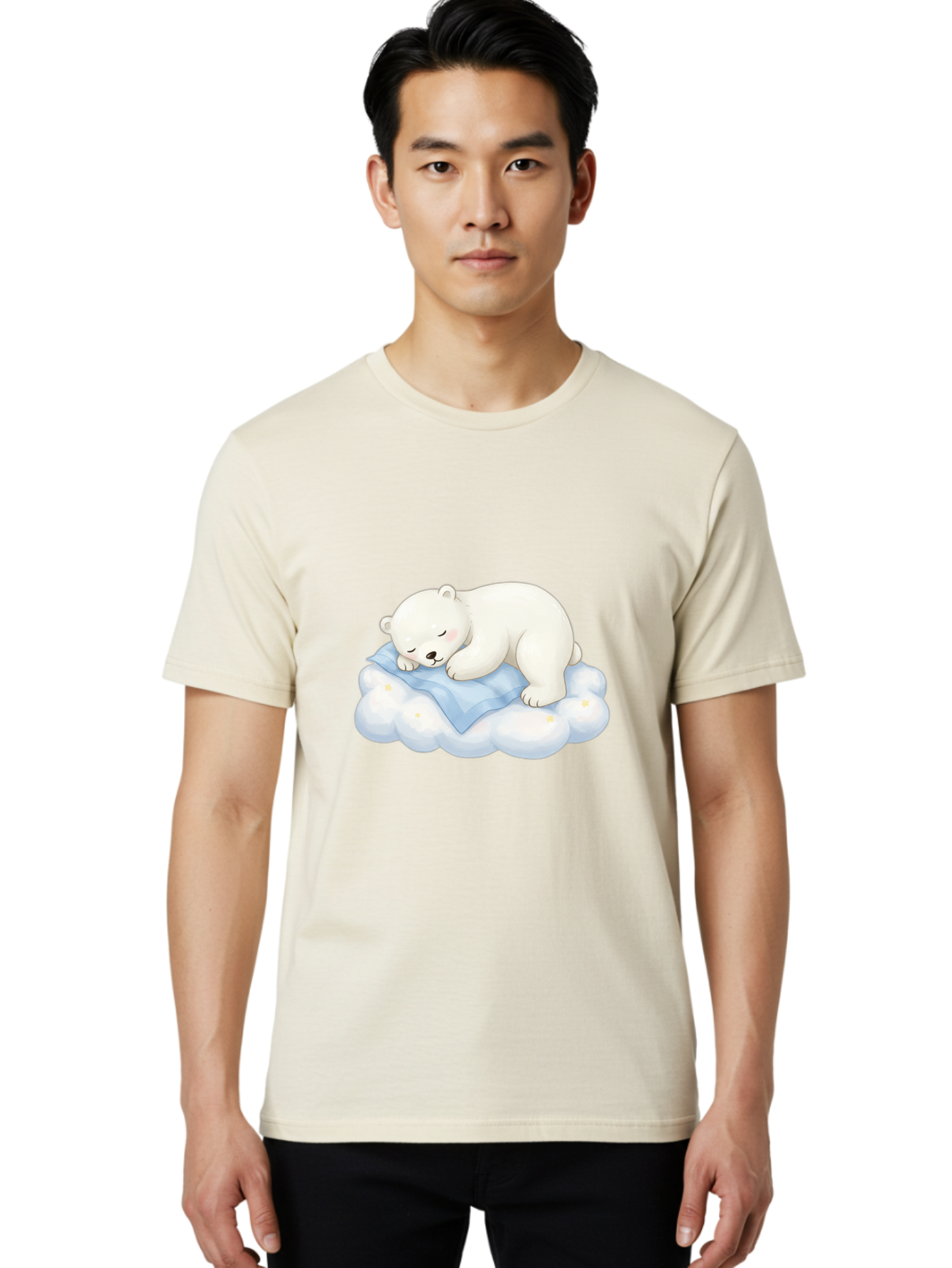 Sleeping-Polar-Bear-3 Men'S Graphic Tee, 100% Cotton, Comfortable Casual Summer Wear, Machine Washable, Polar Bear Sleeping On Cloud, Cute Cartoon Bear, Peaceful Slumber, Fluffy White Bear, Serene Atmosphere, Adorable Animal, Kawaii Bae744