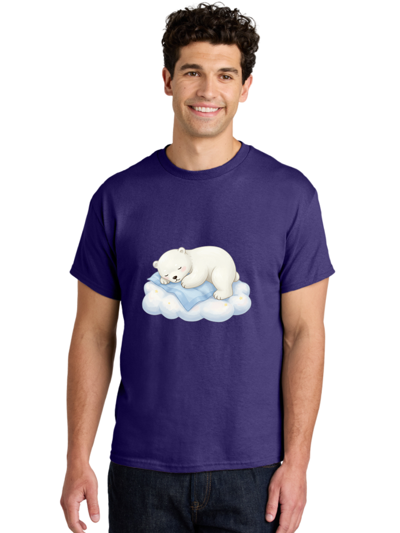 Sleeping-Polar-Bear-3 Men'S Graphic Tee, 100% Cotton, Comfortable Casual Summer Wear, Machine Washable, Polar Bear Sleeping On Cloud, Cute Cartoon Bear, Peaceful Slumber, Fluffy White Bear, Serene Atmosphere, Adorable Animal, Kawaii Bae744