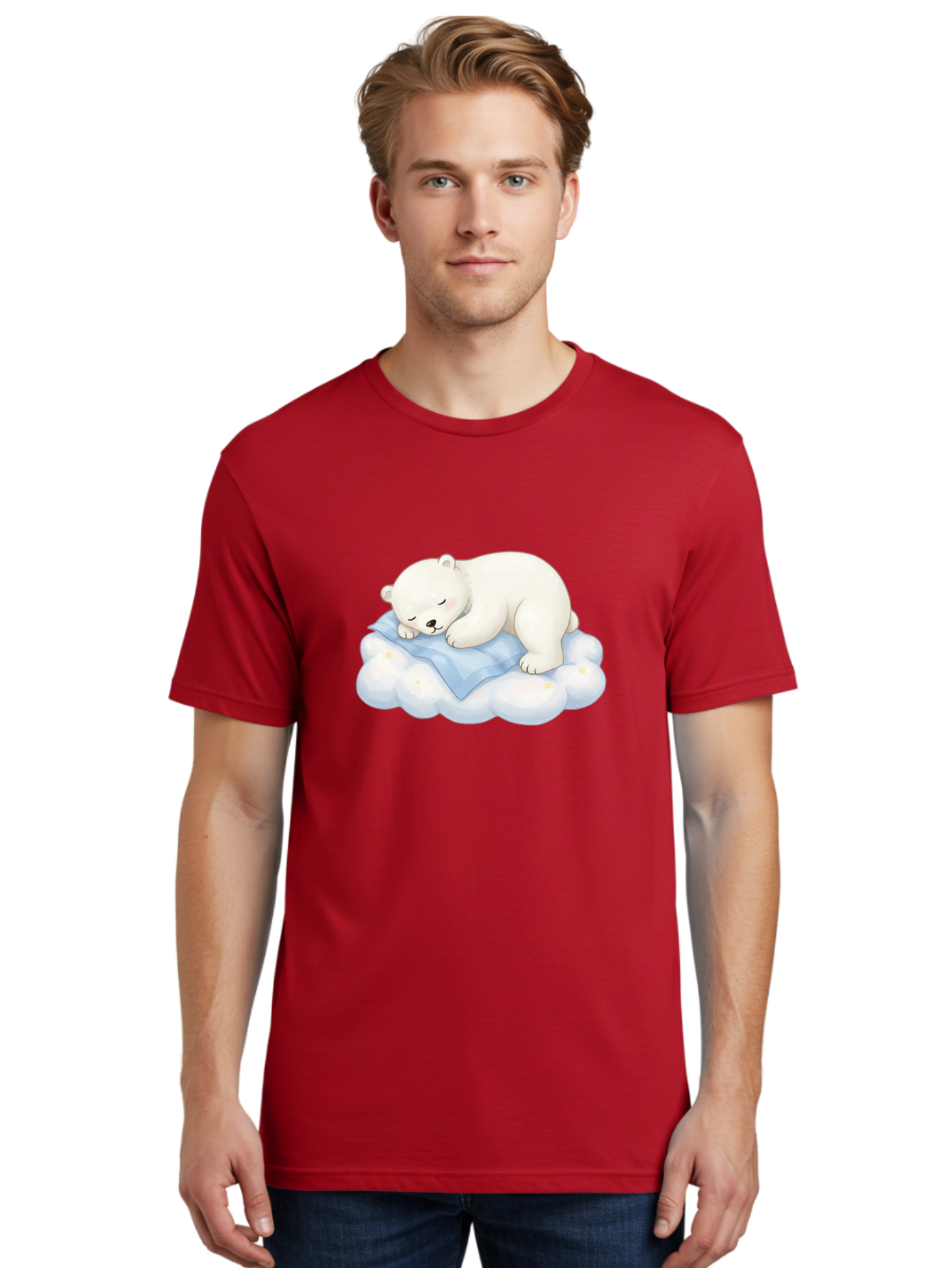 Sleeping-Polar-Bear-3 Men'S Graphic Tee, 100% Cotton, Comfortable Casual Summer Wear, Machine Washable, Polar Bear Sleeping On Cloud, Cute Cartoon Bear, Peaceful Slumber, Fluffy White Bear, Serene Atmosphere, Adorable Animal, Kawaii Bae744