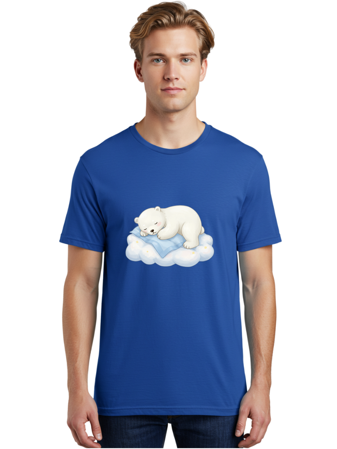 Sleeping-Polar-Bear-3 Men'S Graphic Tee, 100% Cotton, Comfortable Casual Summer Wear, Machine Washable, Polar Bear Sleeping On Cloud, Cute Cartoon Bear, Peaceful Slumber, Fluffy White Bear, Serene Atmosphere, Adorable Animal, Kawaii Bae744
