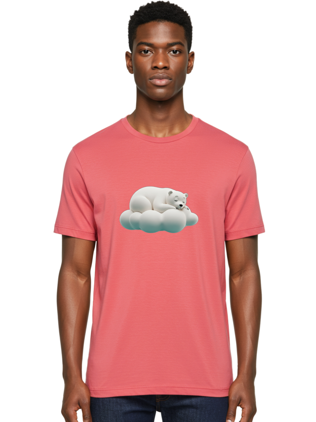 Sleeping-Polar-Bear-4 Men'S Graphic Tee, 100% Cotton, Comfortable Casual Summer Wear, Machine Washable, Polar Bear Sleeping On Cloud, Cute Animal, Serene Atmosphere, Peaceful Slumber, Adorable, White Polar Bear, Cartoon Style, 3D Rendering Bae745