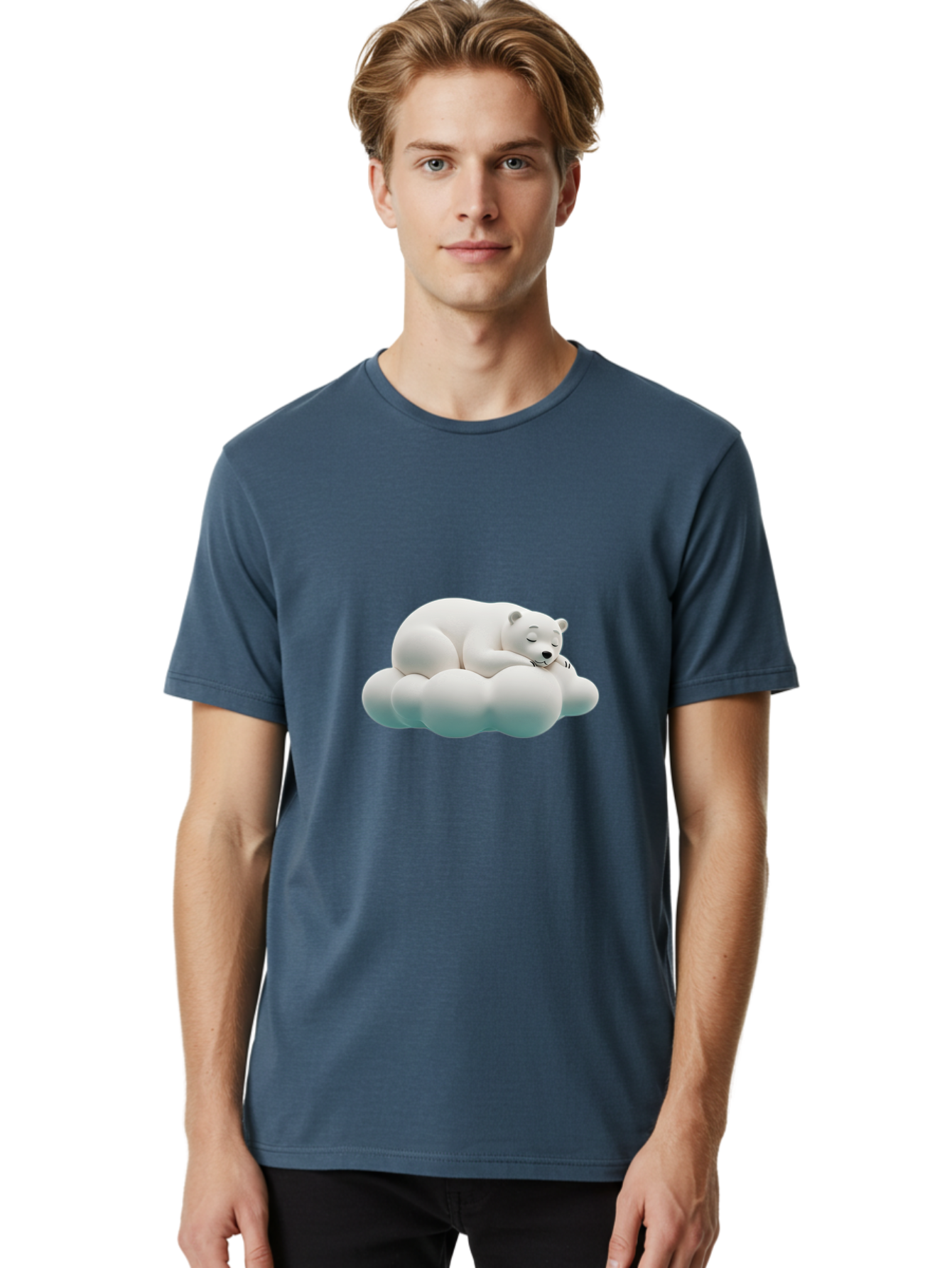 Sleeping-Polar-Bear-4 Men'S Graphic Tee, 100% Cotton, Comfortable Casual Summer Wear, Machine Washable, Polar Bear Sleeping On Cloud, Cute Animal, Serene Atmosphere, Peaceful Slumber, Adorable, White Polar Bear, Cartoon Style, 3D Rendering Bae745