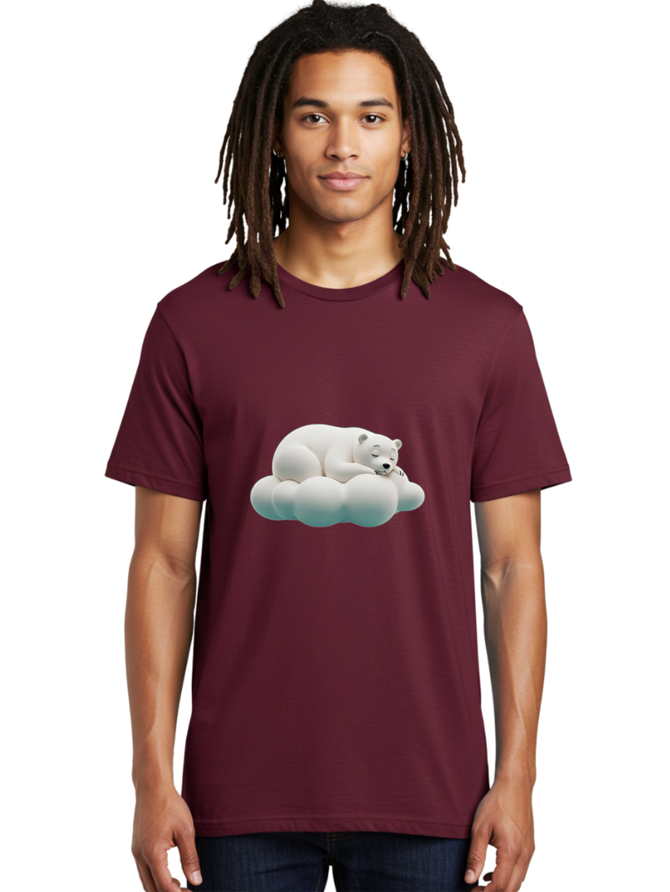 Sleeping-Polar-Bear-4 Men'S Graphic Tee, 100% Cotton, Comfortable Casual Summer Wear, Machine Washable, Polar Bear Sleeping On Cloud, Cute Animal, Serene Atmosphere, Peaceful Slumber, Adorable, White Polar Bear, Cartoon Style, 3D Rendering Bae745
