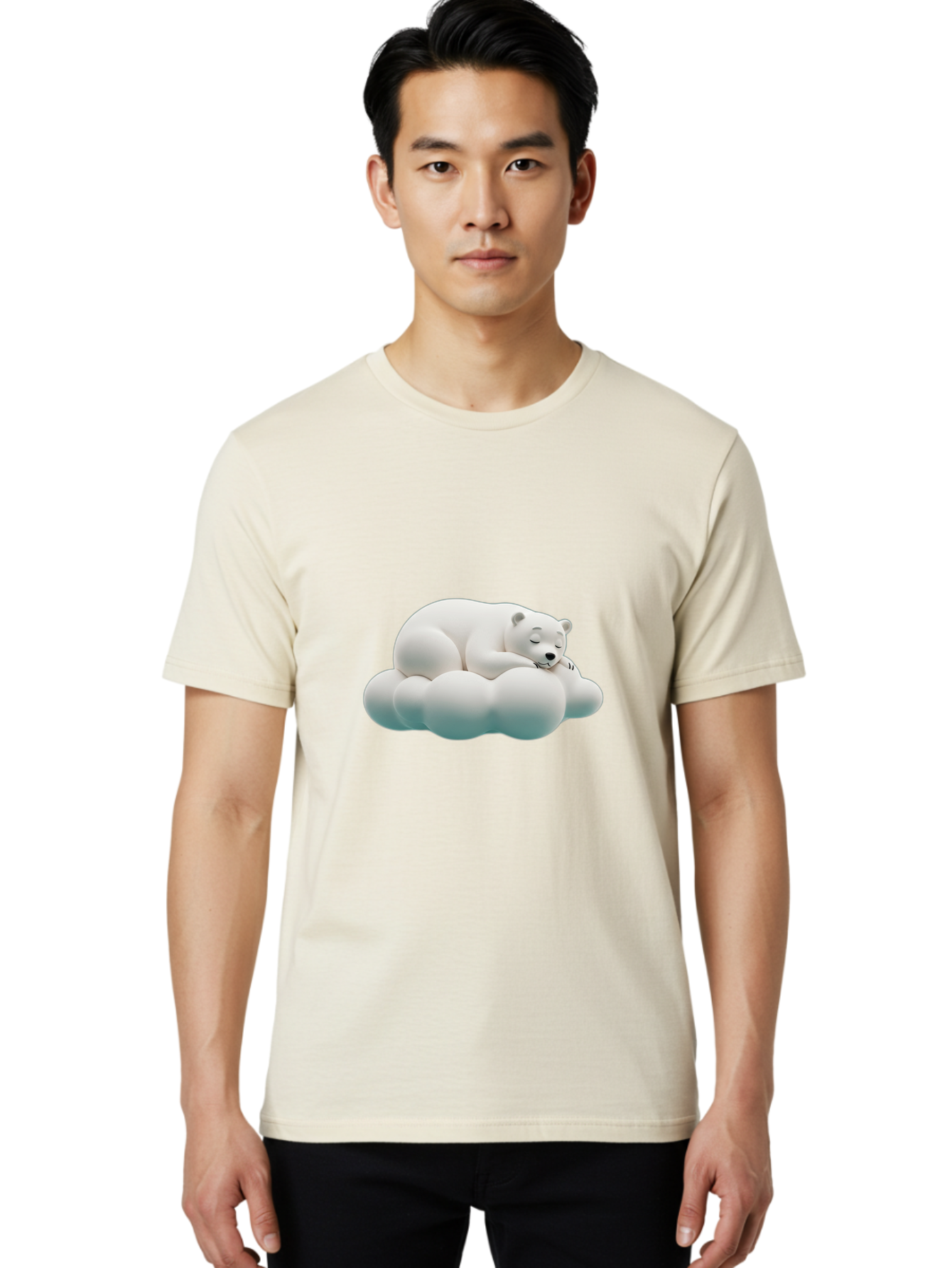 Sleeping-Polar-Bear-4 Men'S Graphic Tee, 100% Cotton, Comfortable Casual Summer Wear, Machine Washable, Polar Bear Sleeping On Cloud, Cute Animal, Serene Atmosphere, Peaceful Slumber, Adorable, White Polar Bear, Cartoon Style, 3D Rendering Bae745