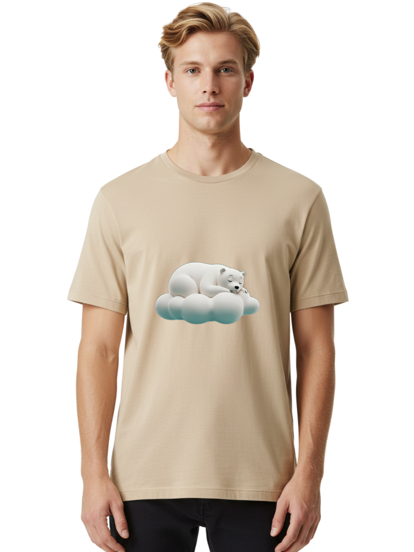 Sleeping-Polar-Bear-4 Men'S Graphic Tee, 100% Cotton, Comfortable Casual Summer Wear, Machine Washable, Polar Bear Sleeping On Cloud, Cute Animal, Serene Atmosphere, Peaceful Slumber, Adorable, White Polar Bear, Cartoon Style, 3D Rendering Bae745