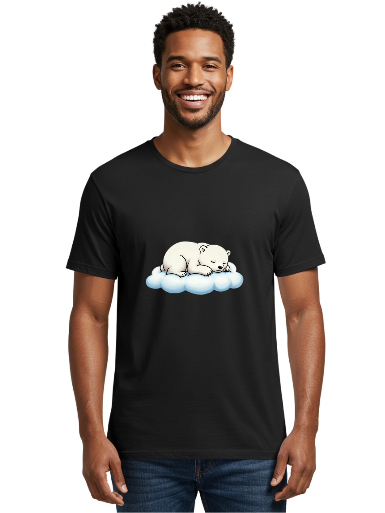Sleeping-Polar-Bear-6 Men'S Graphic Tee, 100% Cotton, Comfortable Casual Summer Wear, Machine Washable, Sleeping Polar Bear On Cloud, Cute Cartoon Illustration, Adorable Animal, Peaceful Slumber, White Fur, Serene Atmosphere, Dreamy Scene, Bae747