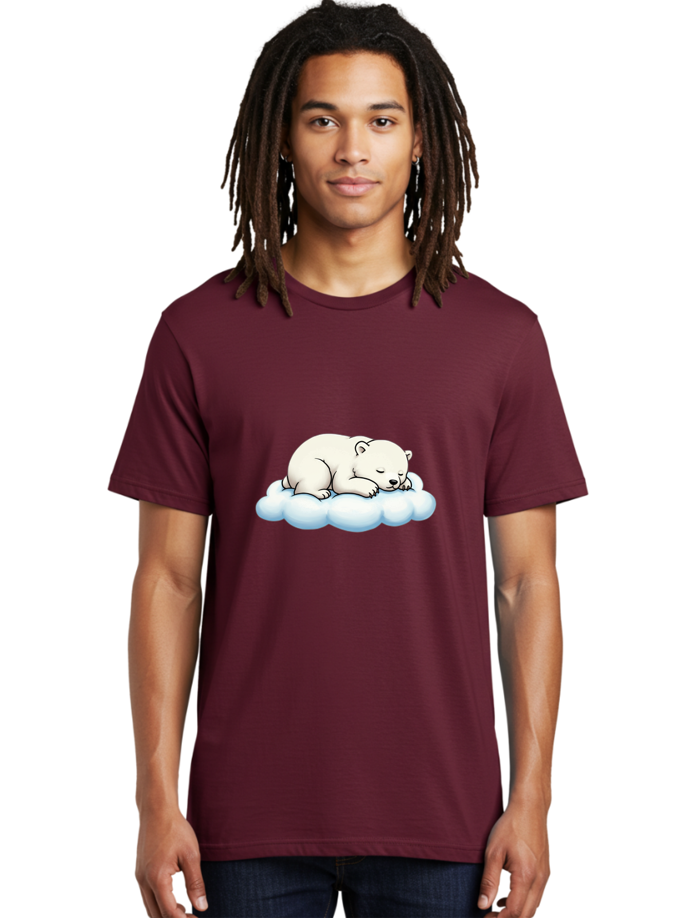 Sleeping-Polar-Bear-6 Men'S Graphic Tee, 100% Cotton, Comfortable Casual Summer Wear, Machine Washable, Sleeping Polar Bear On Cloud, Cute Cartoon Illustration, Adorable Animal, Peaceful Slumber, White Fur, Serene Atmosphere, Dreamy Scene, Bae747