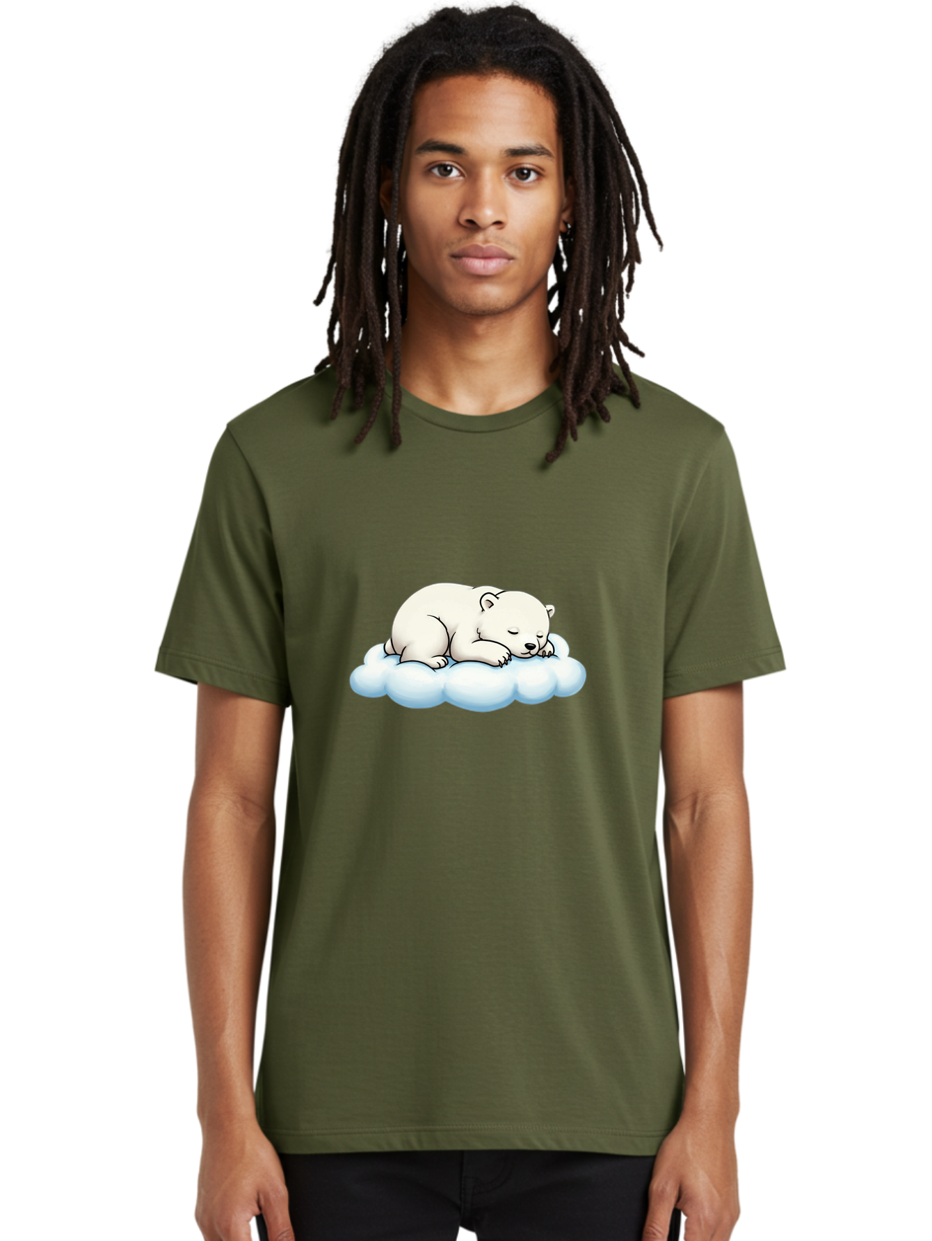 Sleeping-Polar-Bear-6 Men'S Graphic Tee, 100% Cotton, Comfortable Casual Summer Wear, Machine Washable, Sleeping Polar Bear On Cloud, Cute Cartoon Illustration, Adorable Animal, Peaceful Slumber, White Fur, Serene Atmosphere, Dreamy Scene, Bae747