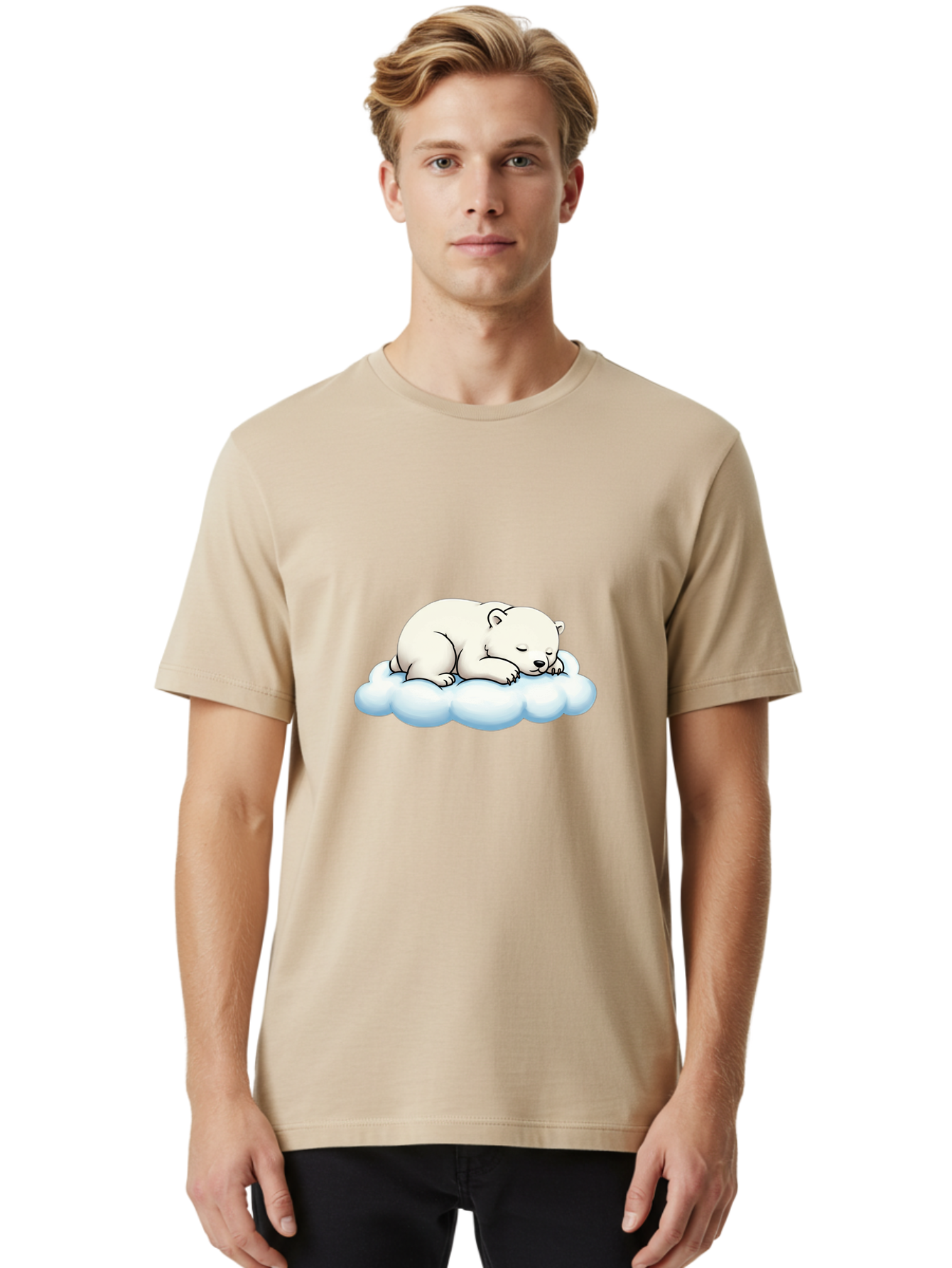 Sleeping-Polar-Bear-6 Men'S Graphic Tee, 100% Cotton, Comfortable Casual Summer Wear, Machine Washable, Sleeping Polar Bear On Cloud, Cute Cartoon Illustration, Adorable Animal, Peaceful Slumber, White Fur, Serene Atmosphere, Dreamy Scene, Bae747