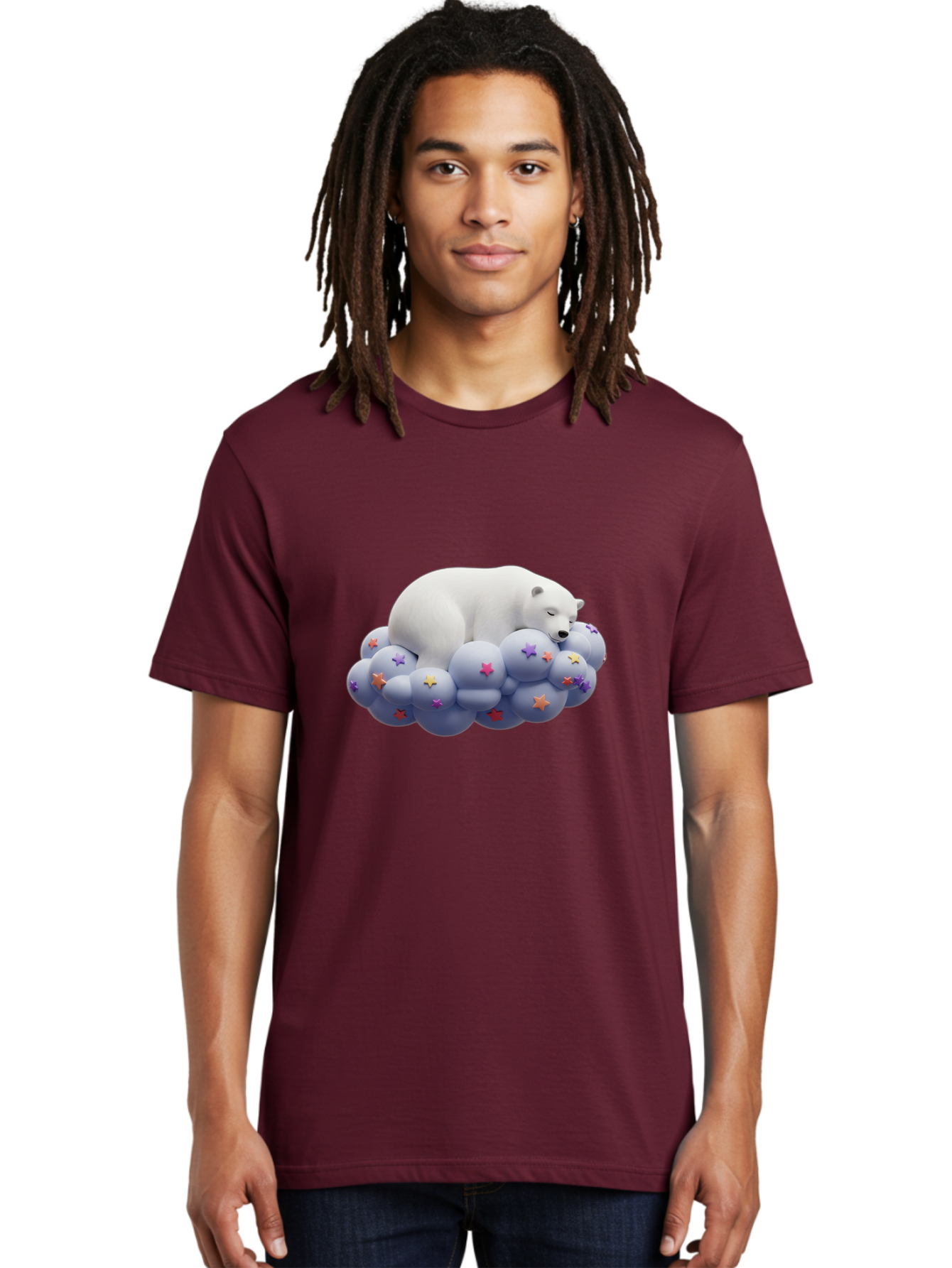 Sleeping-Polar-Bear-7 Men'S Graphic Tee, 100% Cotton, Comfortable Casual Summer Wear, Machine Washable, Sleeping Polar Bear, White Bear, Cloud With Stars, Pastel Colors, Whimsical Scene, Dreamy Atmosphere, Cute Illustration, Fantasy Art, Bae748