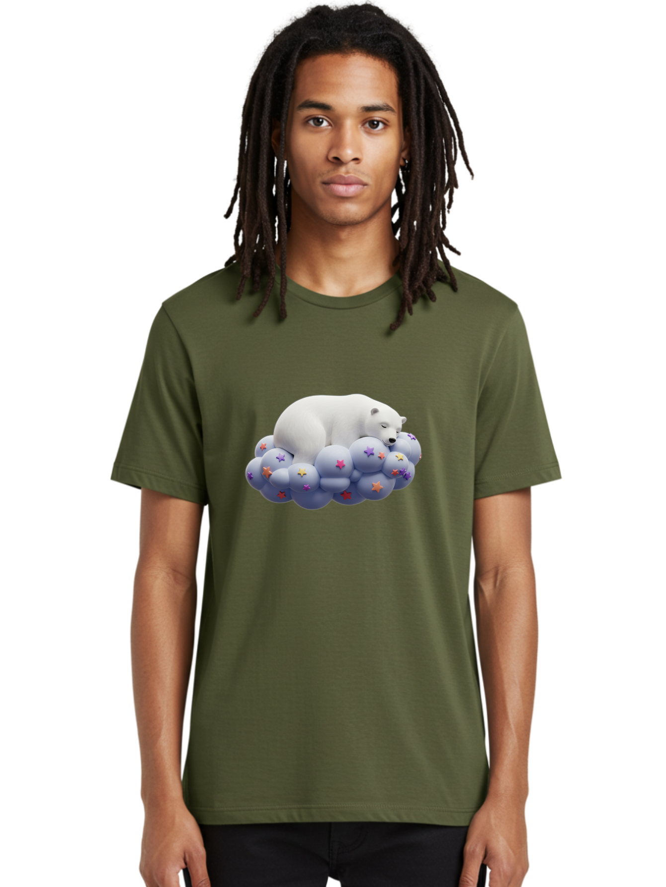 Sleeping-Polar-Bear-7 Men'S Graphic Tee, 100% Cotton, Comfortable Casual Summer Wear, Machine Washable, Sleeping Polar Bear, White Bear, Cloud With Stars, Pastel Colors, Whimsical Scene, Dreamy Atmosphere, Cute Illustration, Fantasy Art, Bae748