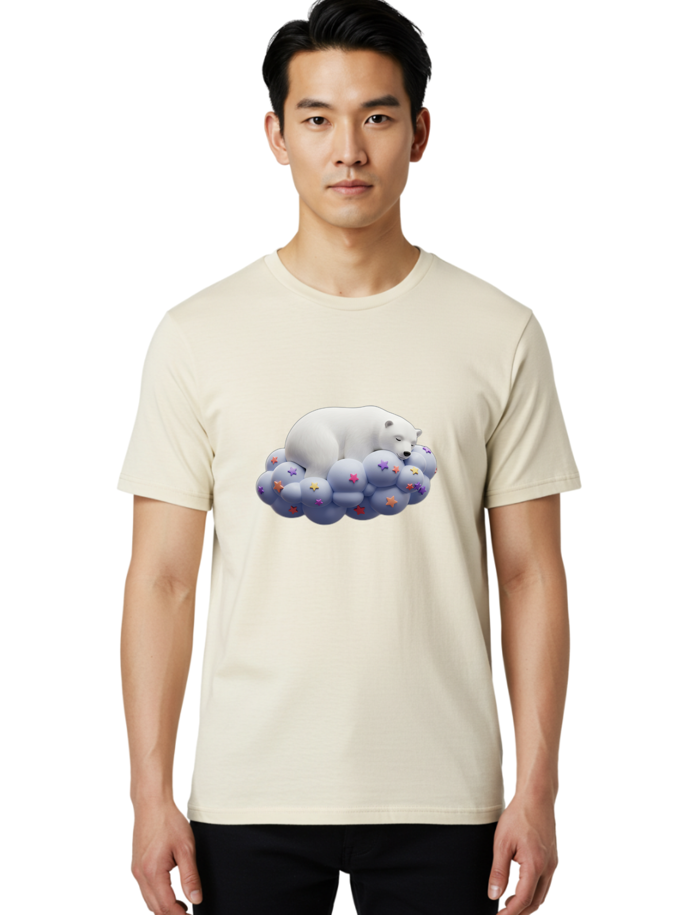 Sleeping-Polar-Bear-7 Men'S Graphic Tee, 100% Cotton, Comfortable Casual Summer Wear, Machine Washable, Sleeping Polar Bear, White Bear, Cloud With Stars, Pastel Colors, Whimsical Scene, Dreamy Atmosphere, Cute Illustration, Fantasy Art, Bae748
