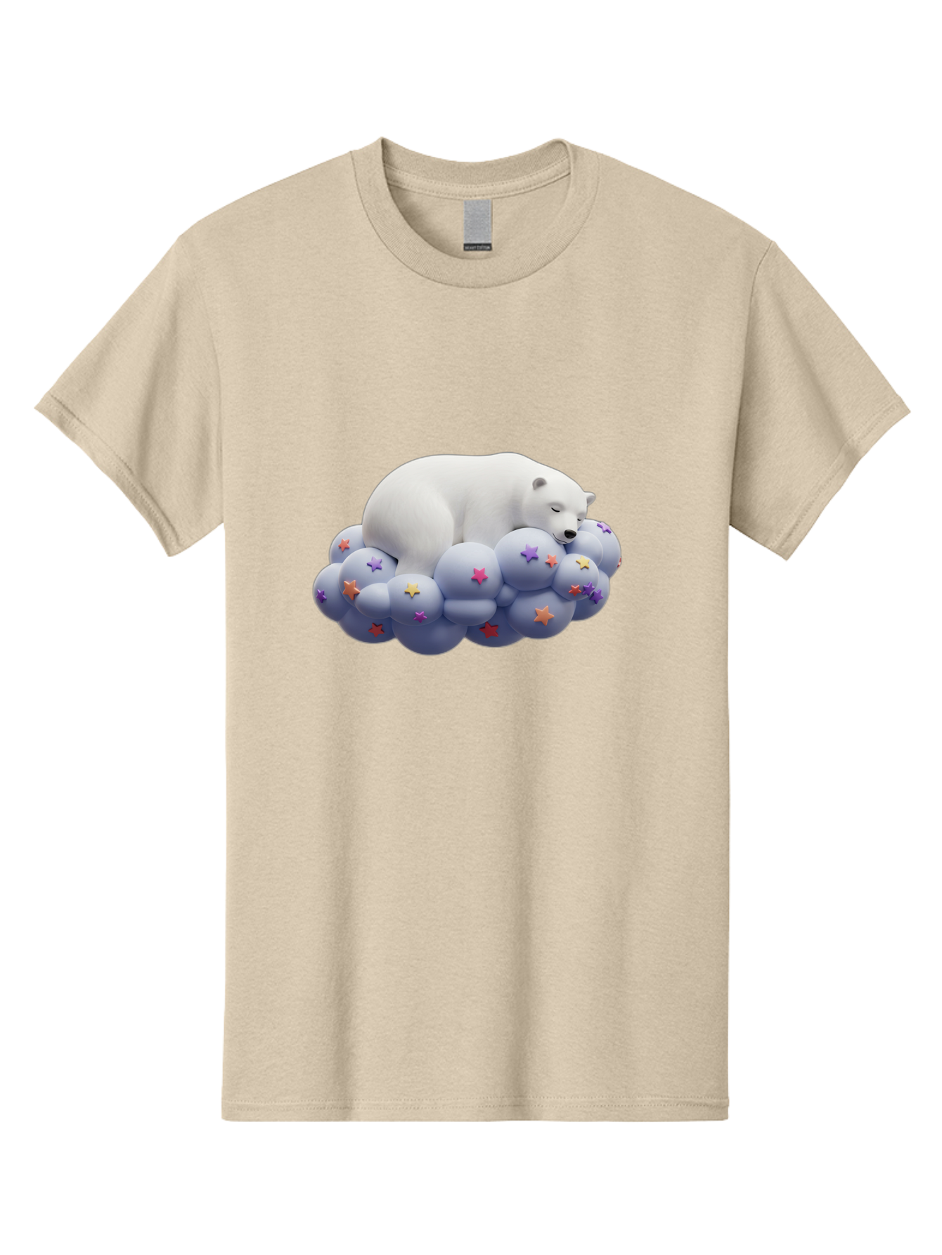 Sleeping-Polar-Bear-7 Men'S Graphic Tee, 100% Cotton, Comfortable Casual Summer Wear, Machine Washable, Sleeping Polar Bear, White Bear, Cloud With Stars, Pastel Colors, Whimsical Scene, Dreamy Atmosphere, Cute Illustration, Fantasy Art, Bae748