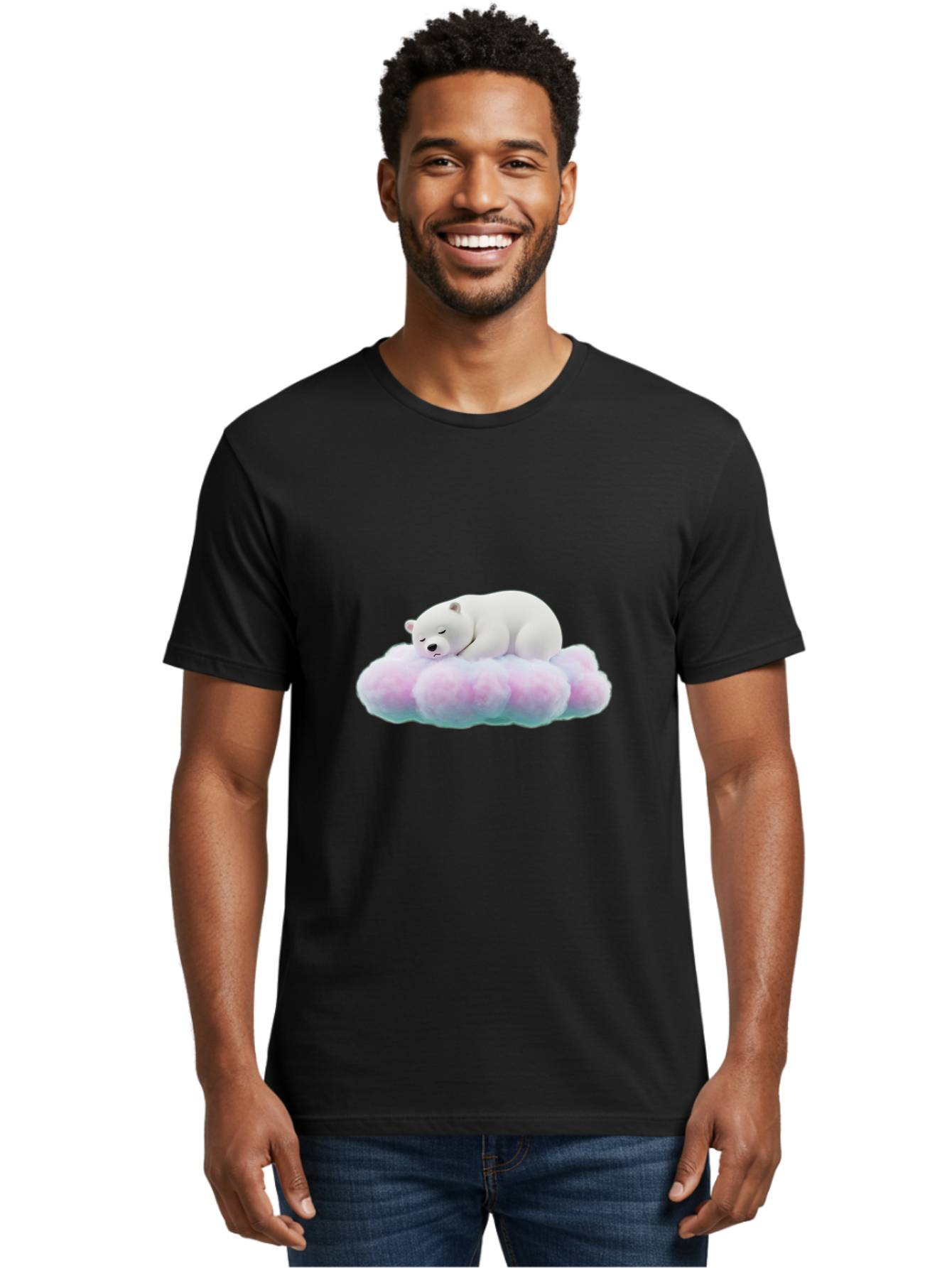 Sleeping-Polar-Bear-8 Men'S Graphic Tee, 100% Cotton, Comfortable Casual Summer Wear, Machine Washable, Sleeping Polar Bear, Fluffy Cloud, Cute Animal, Peaceful Slumber, Adorable Bear, Sweet Dreams, Cartoon Style, Pastel Colors, Bae749
