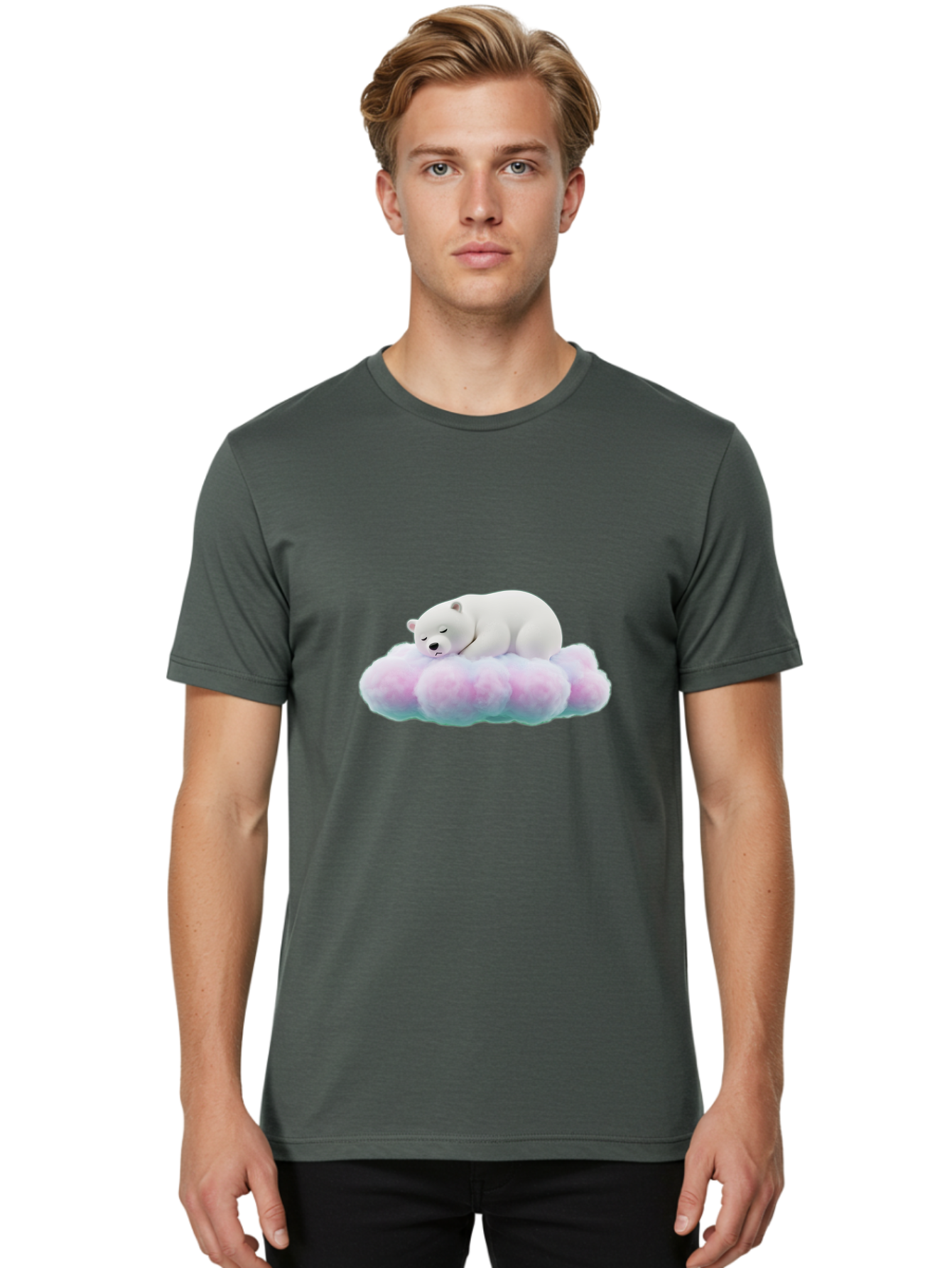 Sleeping-Polar-Bear-8 Men'S Graphic Tee, 100% Cotton, Comfortable Casual Summer Wear, Machine Washable, Sleeping Polar Bear, Fluffy Cloud, Cute Animal, Peaceful Slumber, Adorable Bear, Sweet Dreams, Cartoon Style, Pastel Colors, Bae749