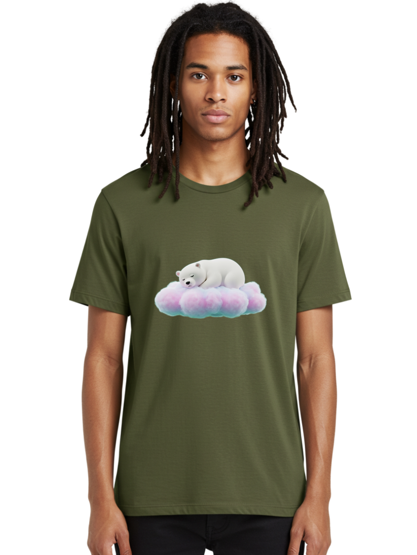 Sleeping-Polar-Bear-8 Men'S Graphic Tee, 100% Cotton, Comfortable Casual Summer Wear, Machine Washable, Sleeping Polar Bear, Fluffy Cloud, Cute Animal, Peaceful Slumber, Adorable Bear, Sweet Dreams, Cartoon Style, Pastel Colors, Bae749