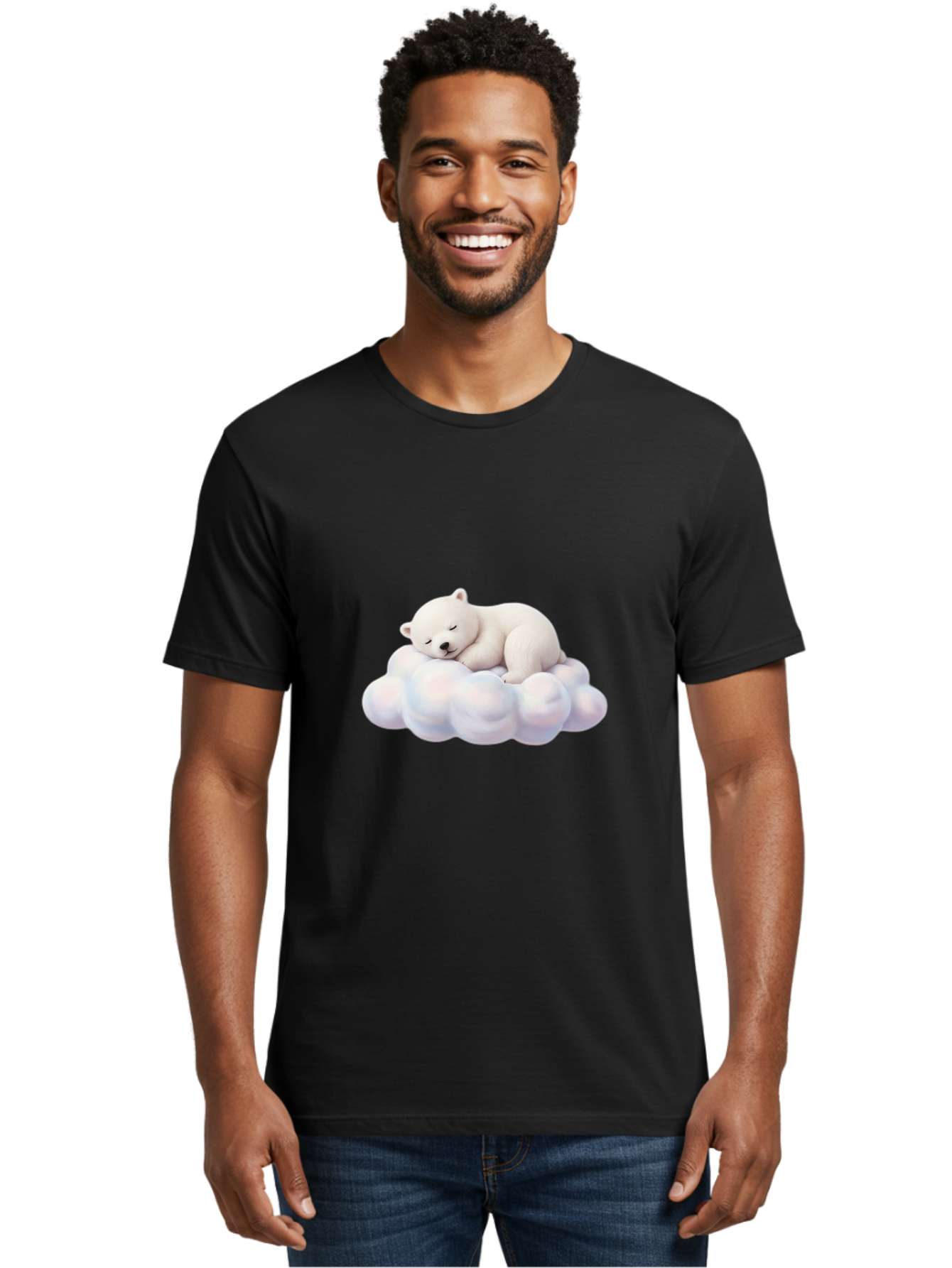 Sleeping-Polar-Bear-On-Cloud Men'S Graphic Tee, 100% Cotton, Comfortable Casual Summer Wear, Machine Washable, Sleeping Polar Bear On A Cloud, Cute Animals, White Bear, Peaceful Atmosphere, Serene Scene, Adorable Creature, Digital Art Bae751