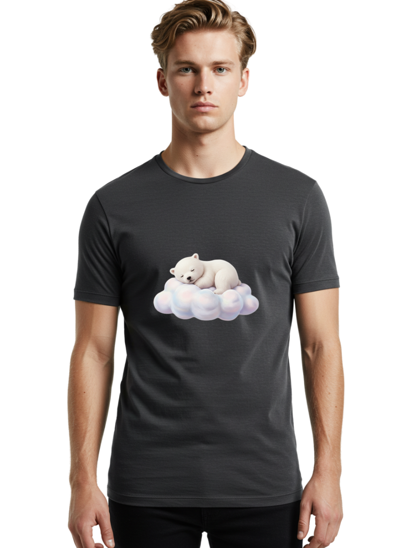 Sleeping-Polar-Bear-On-Cloud Men'S Graphic Tee, 100% Cotton, Comfortable Casual Summer Wear, Machine Washable, Sleeping Polar Bear On A Cloud, Cute Animals, White Bear, Peaceful Atmosphere, Serene Scene, Adorable Creature, Digital Art Bae751