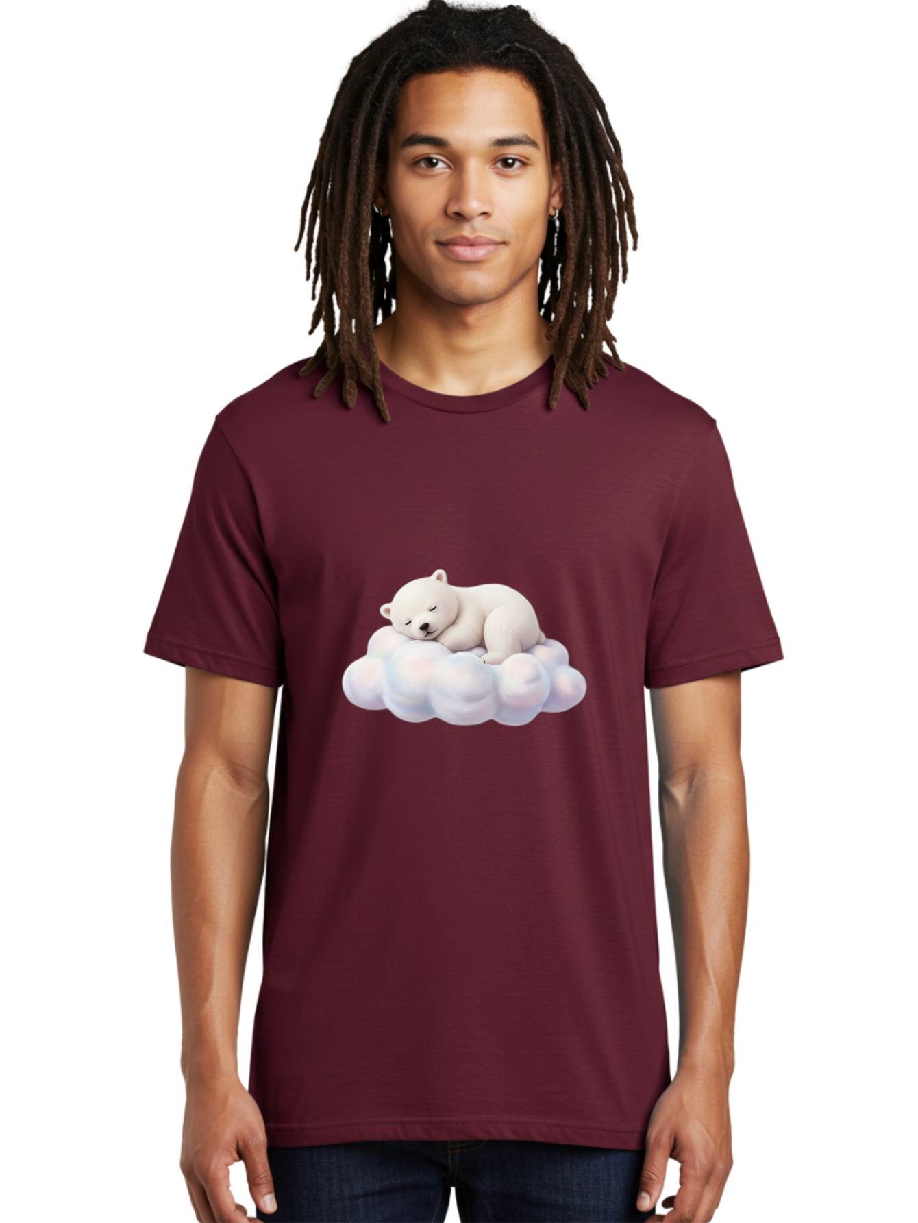 Sleeping-Polar-Bear-On-Cloud Men'S Graphic Tee, 100% Cotton, Comfortable Casual Summer Wear, Machine Washable, Sleeping Polar Bear On A Cloud, Cute Animals, White Bear, Peaceful Atmosphere, Serene Scene, Adorable Creature, Digital Art Bae751