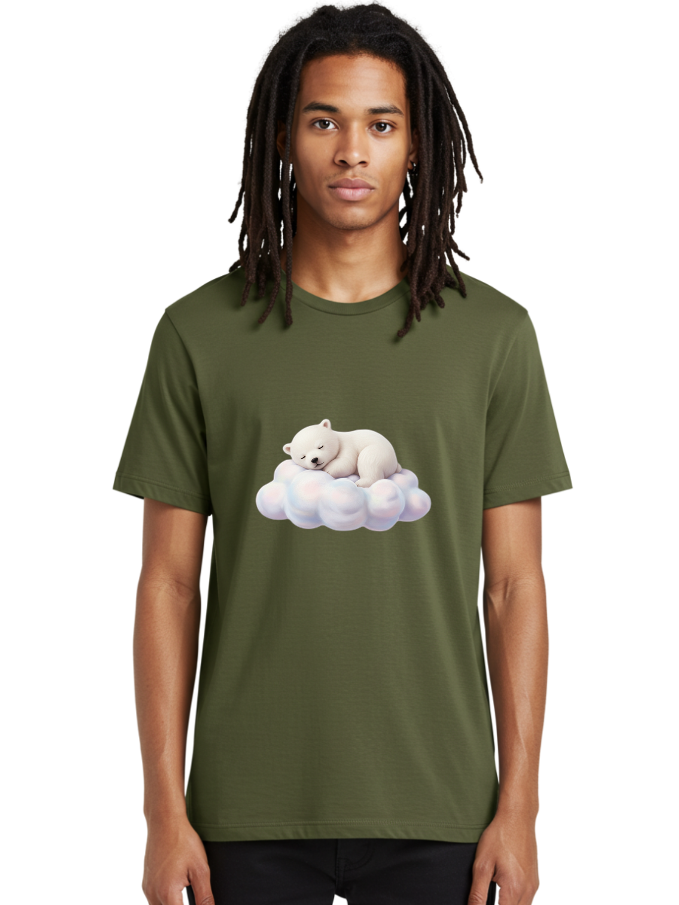 Sleeping-Polar-Bear-On-Cloud Men'S Graphic Tee, 100% Cotton, Comfortable Casual Summer Wear, Machine Washable, Sleeping Polar Bear On A Cloud, Cute Animals, White Bear, Peaceful Atmosphere, Serene Scene, Adorable Creature, Digital Art Bae751