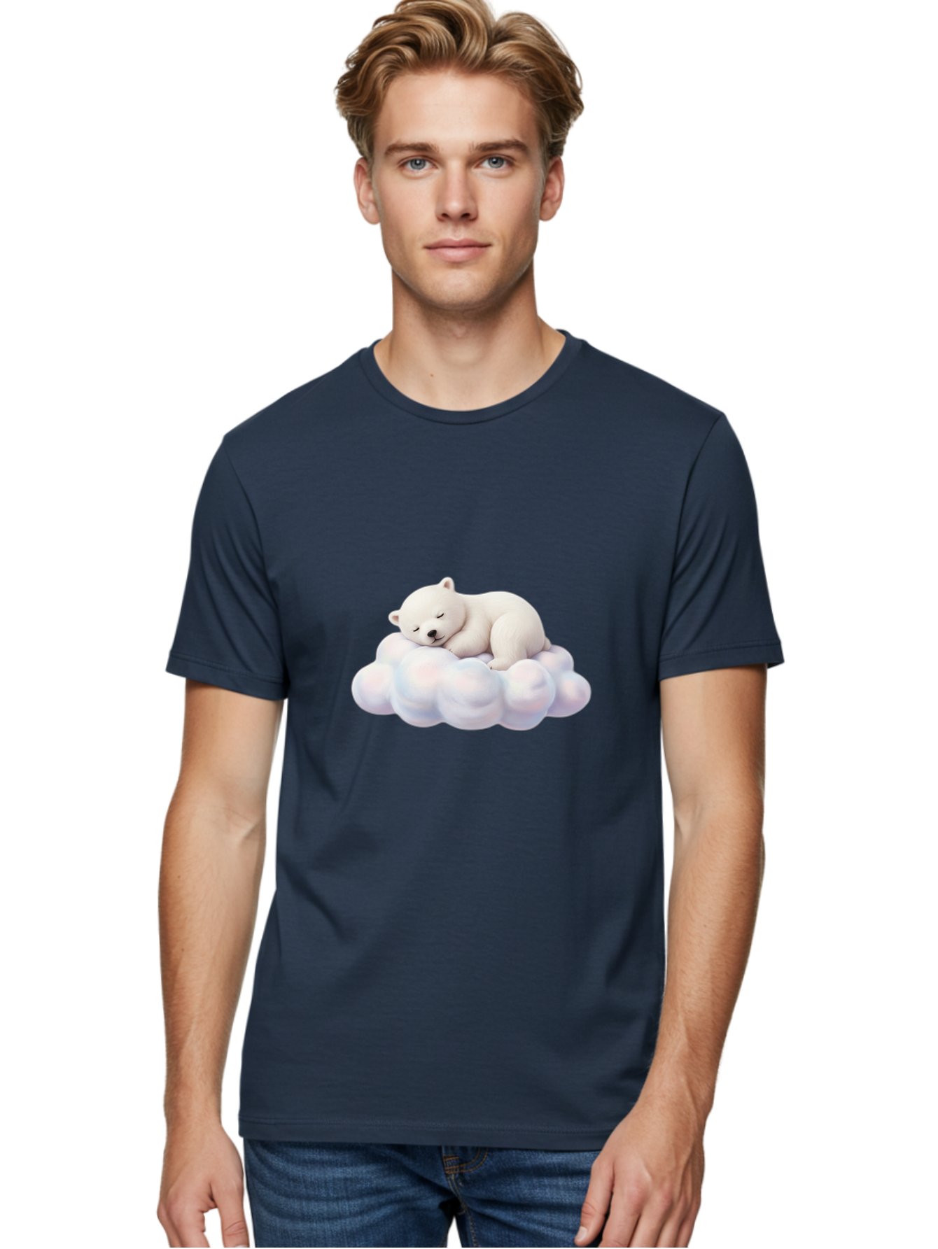 Sleeping-Polar-Bear-On-Cloud Men'S Graphic Tee, 100% Cotton, Comfortable Casual Summer Wear, Machine Washable, Sleeping Polar Bear On A Cloud, Cute Animals, White Bear, Peaceful Atmosphere, Serene Scene, Adorable Creature, Digital Art Bae751