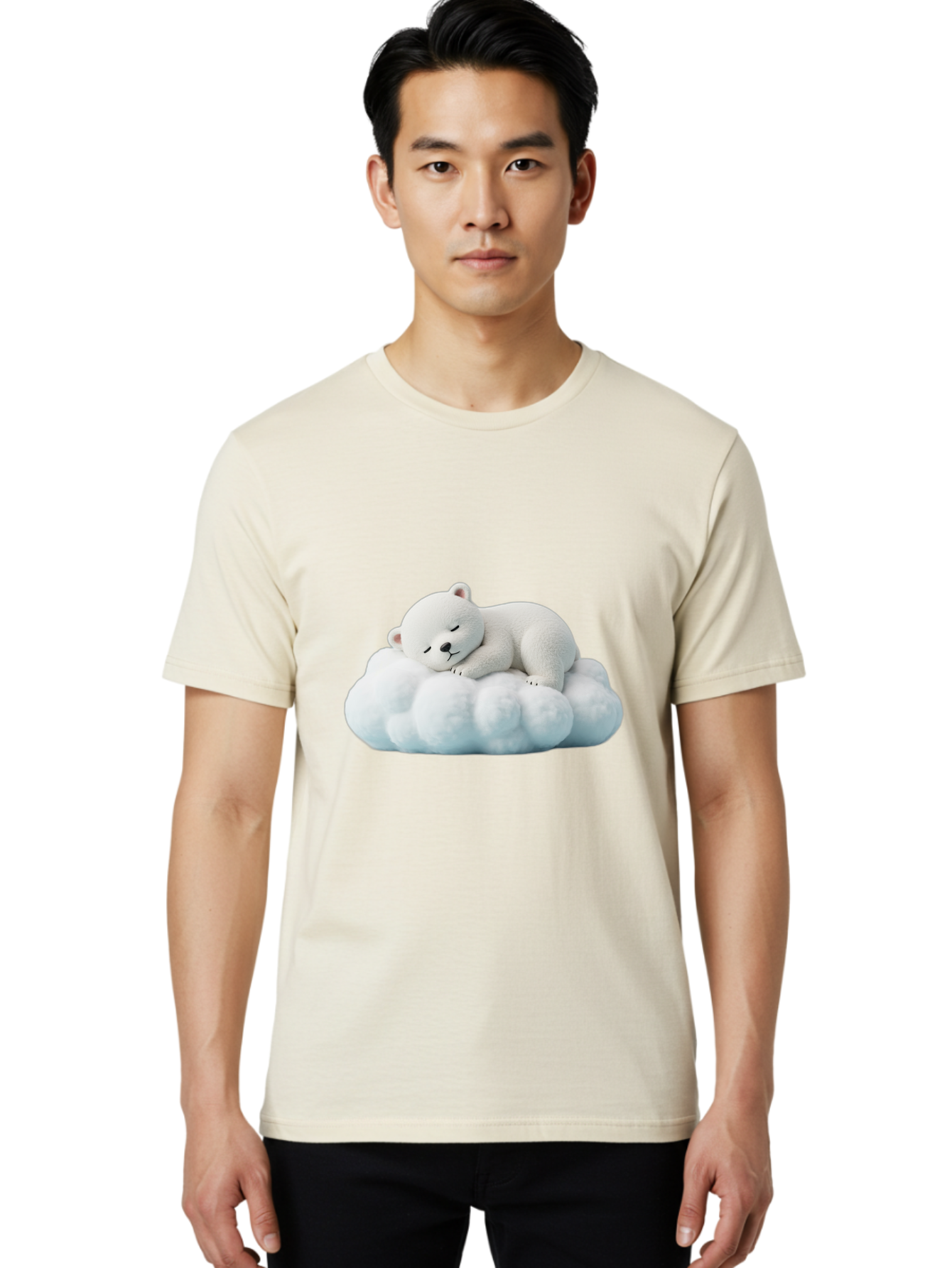 Sleeping-Polar-Bear Men'S Graphic Tee, 100% Cotton, Comfortable Casual Summer Wear, Machine Washable, Cute Polar Bear, Sleeping On Fluffy Cloud, Serene Scene, Adorable Animal, Peaceful Slumber, Tranquil Atmosphere, Digital Art, 3D Rendering Bae752