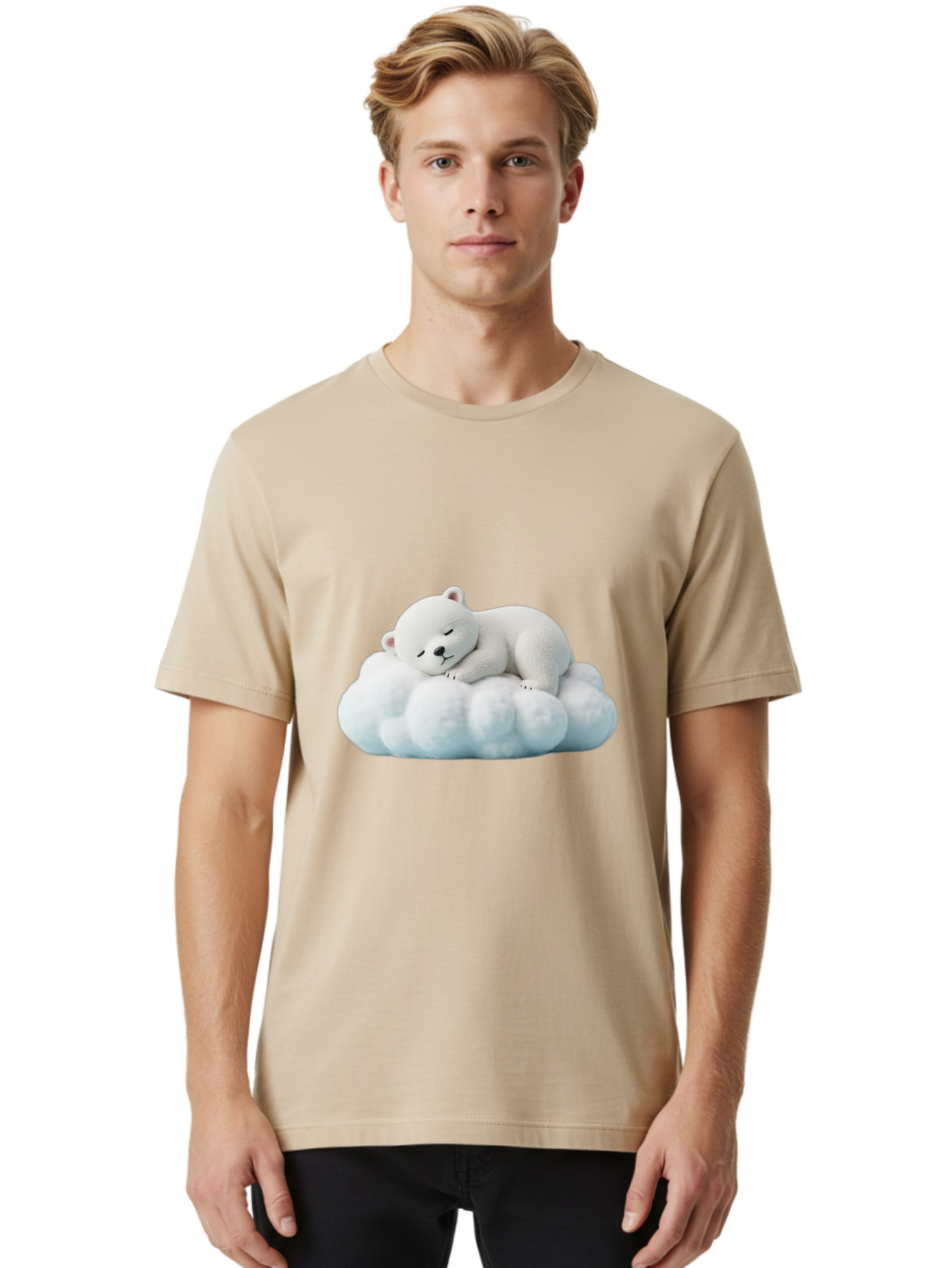 Sleeping-Polar-Bear Men'S Graphic Tee, 100% Cotton, Comfortable Casual Summer Wear, Machine Washable, Cute Polar Bear, Sleeping On Fluffy Cloud, Serene Scene, Adorable Animal, Peaceful Slumber, Tranquil Atmosphere, Digital Art, 3D Rendering Bae752