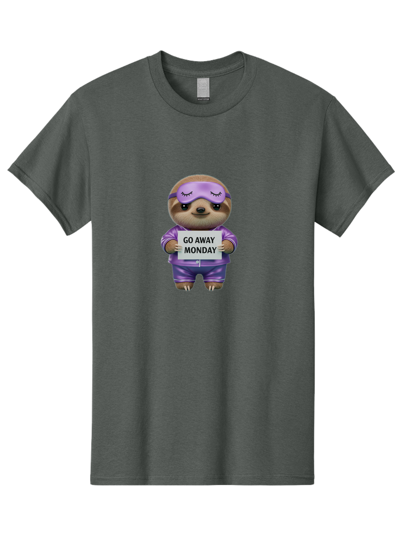 Sloth-Go-Away-Monday-1 Men'S Graphic Tee, 100% Cotton, Comfortable Casual Summer Wear, Machine Washable, Funny Sloth, Cartoon Character, Go Away Monday Sign, Lazy Animal, Purple Pajamas, Sleep Mask, Humorous Illustration, Relaxing Vibe, Bae753
