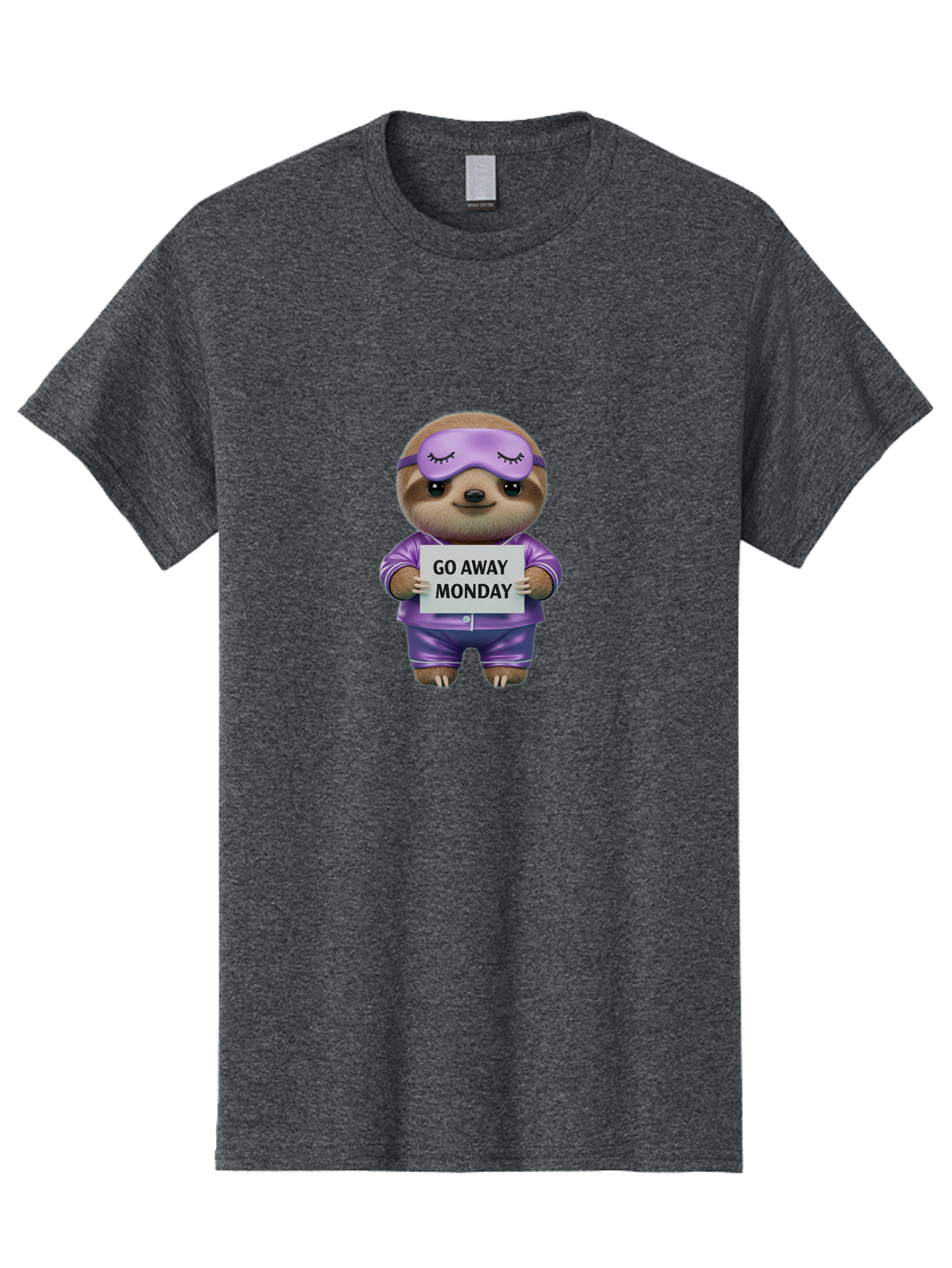 Sloth-Go-Away-Monday-1 Men'S Graphic Tee, 100% Cotton, Comfortable Casual Summer Wear, Machine Washable, Funny Sloth, Cartoon Character, Go Away Monday Sign, Lazy Animal, Purple Pajamas, Sleep Mask, Humorous Illustration, Relaxing Vibe, Bae753