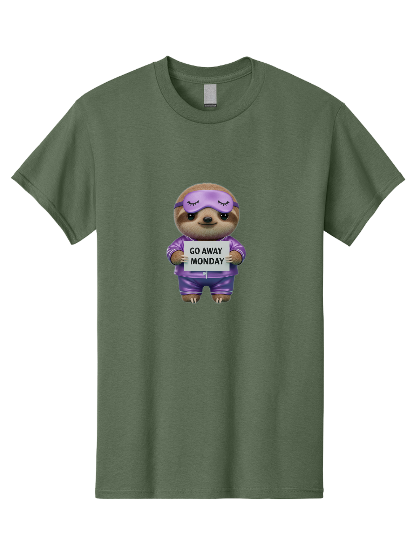 Sloth-Go-Away-Monday-1 Men'S Graphic Tee, 100% Cotton, Comfortable Casual Summer Wear, Machine Washable, Funny Sloth, Cartoon Character, Go Away Monday Sign, Lazy Animal, Purple Pajamas, Sleep Mask, Humorous Illustration, Relaxing Vibe, Bae753