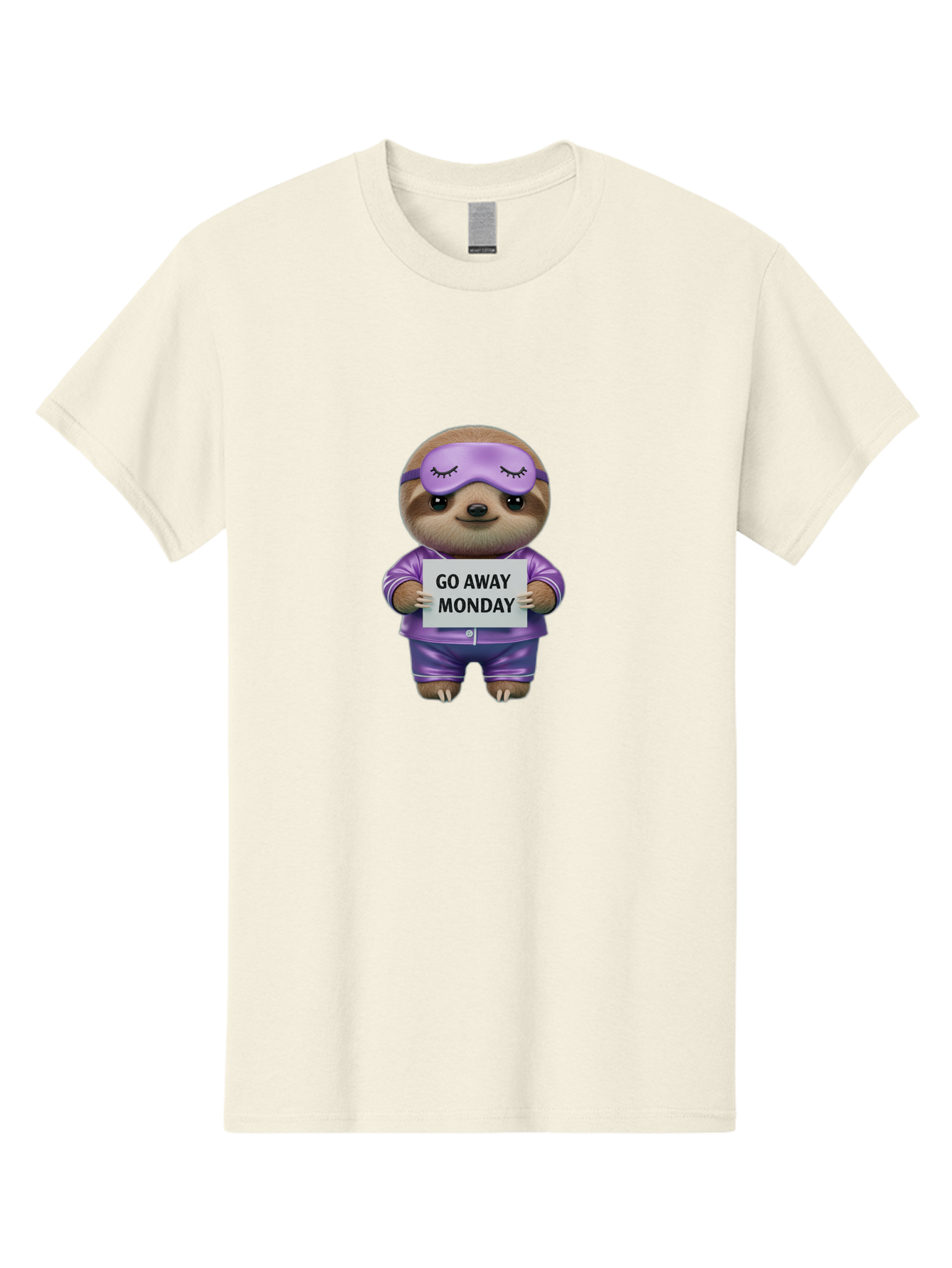 Sloth-Go-Away-Monday-1 Men'S Graphic Tee, 100% Cotton, Comfortable Casual Summer Wear, Machine Washable, Funny Sloth, Cartoon Character, Go Away Monday Sign, Lazy Animal, Purple Pajamas, Sleep Mask, Humorous Illustration, Relaxing Vibe, Bae753