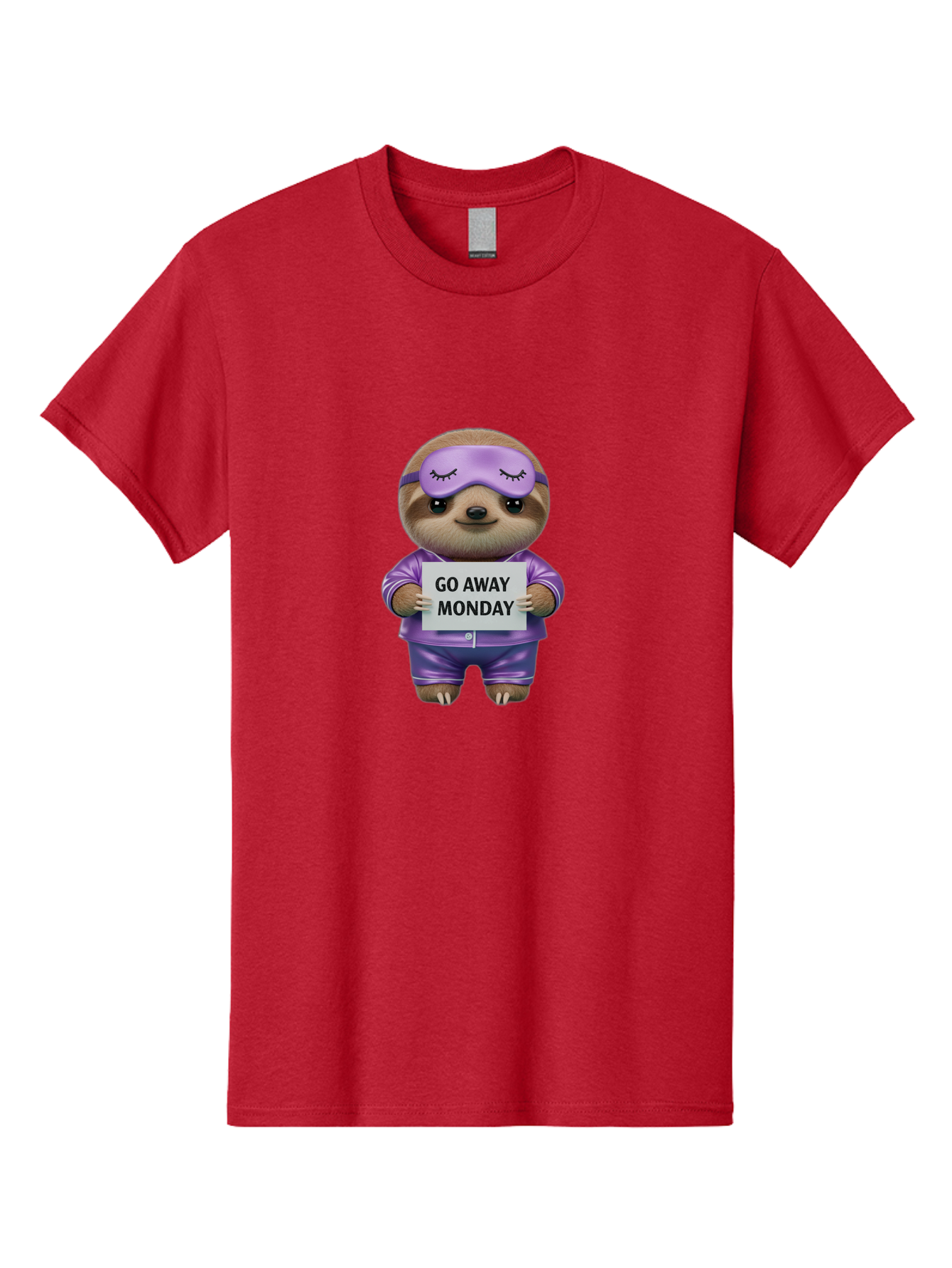 Sloth-Go-Away-Monday-1 Men'S Graphic Tee, 100% Cotton, Comfortable Casual Summer Wear, Machine Washable, Funny Sloth, Cartoon Character, Go Away Monday Sign, Lazy Animal, Purple Pajamas, Sleep Mask, Humorous Illustration, Relaxing Vibe, Bae753