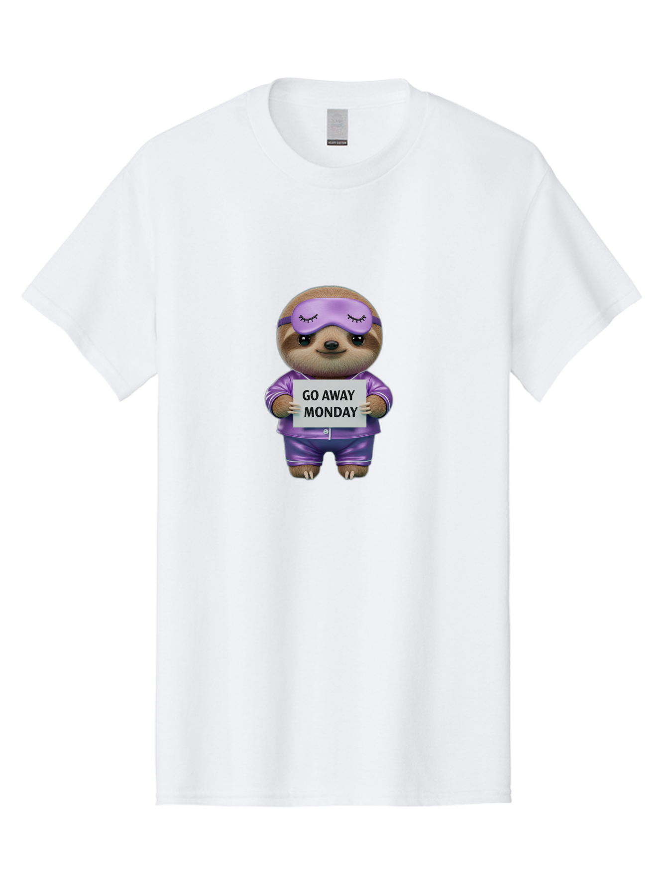 Sloth-Go-Away-Monday-1 Men'S Graphic Tee, 100% Cotton, Comfortable Casual Summer Wear, Machine Washable, Funny Sloth, Cartoon Character, Go Away Monday Sign, Lazy Animal, Purple Pajamas, Sleep Mask, Humorous Illustration, Relaxing Vibe, Bae753