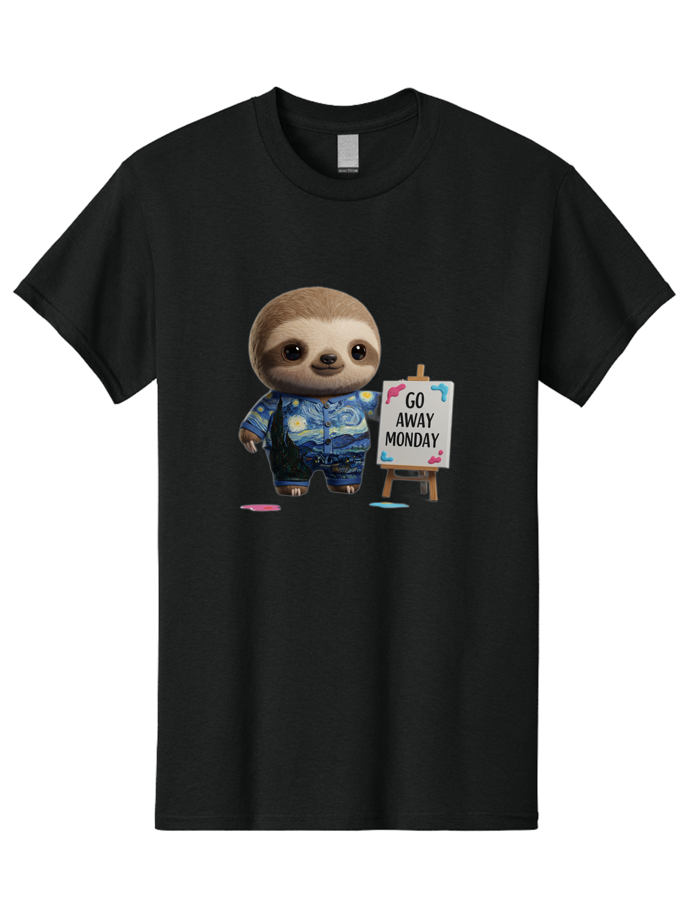 Sloth-Go-Away-Monday-2 Men'S Graphic Tee, 100% Cotton, Comfortable Casual Summer Wear, Machine Washable, Funny Sloth Meme, Monday Motivation, Art Humor, Creative Sloth, Van Gogh-Inspired Outfit, Humorous Canvas, Quirky Character, Monday Blues, Bae754