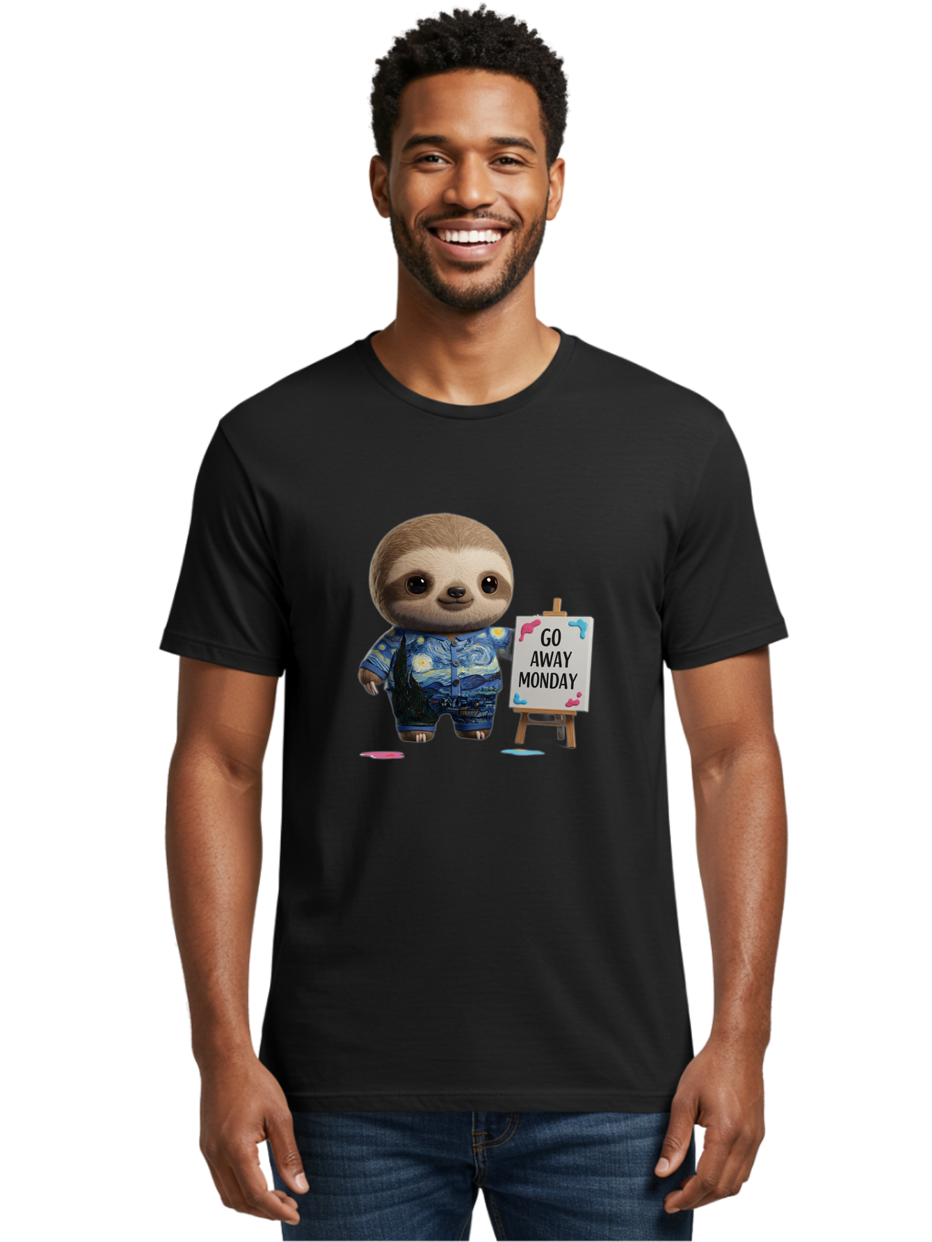 Sloth-Go-Away-Monday-2 Men'S Graphic Tee, 100% Cotton, Comfortable Casual Summer Wear, Machine Washable, Funny Sloth Meme, Monday Motivation, Art Humor, Creative Sloth, Van Gogh-Inspired Outfit, Humorous Canvas, Quirky Character, Monday Blues, Bae754