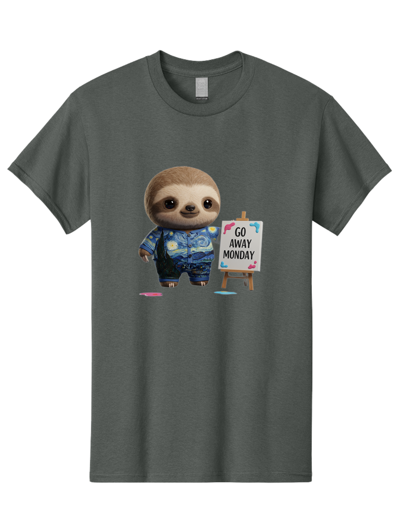 Sloth-Go-Away-Monday-2 Men'S Graphic Tee, 100% Cotton, Comfortable Casual Summer Wear, Machine Washable, Funny Sloth Meme, Monday Motivation, Art Humor, Creative Sloth, Van Gogh-Inspired Outfit, Humorous Canvas, Quirky Character, Monday Blues, Bae754