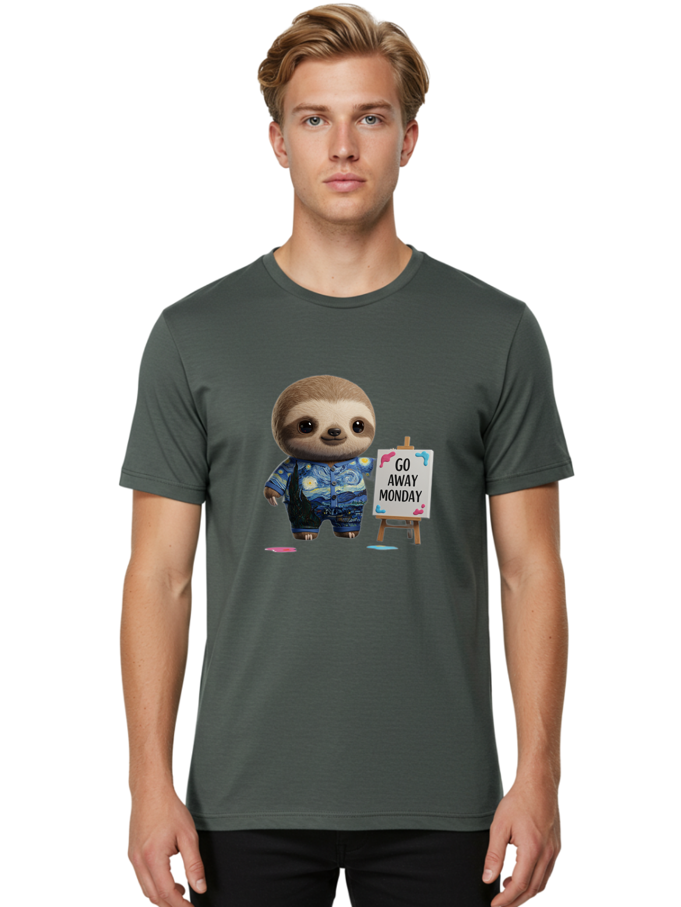 Sloth-Go-Away-Monday-2 Men'S Graphic Tee, 100% Cotton, Comfortable Casual Summer Wear, Machine Washable, Funny Sloth Meme, Monday Motivation, Art Humor, Creative Sloth, Van Gogh-Inspired Outfit, Humorous Canvas, Quirky Character, Monday Blues, Bae754