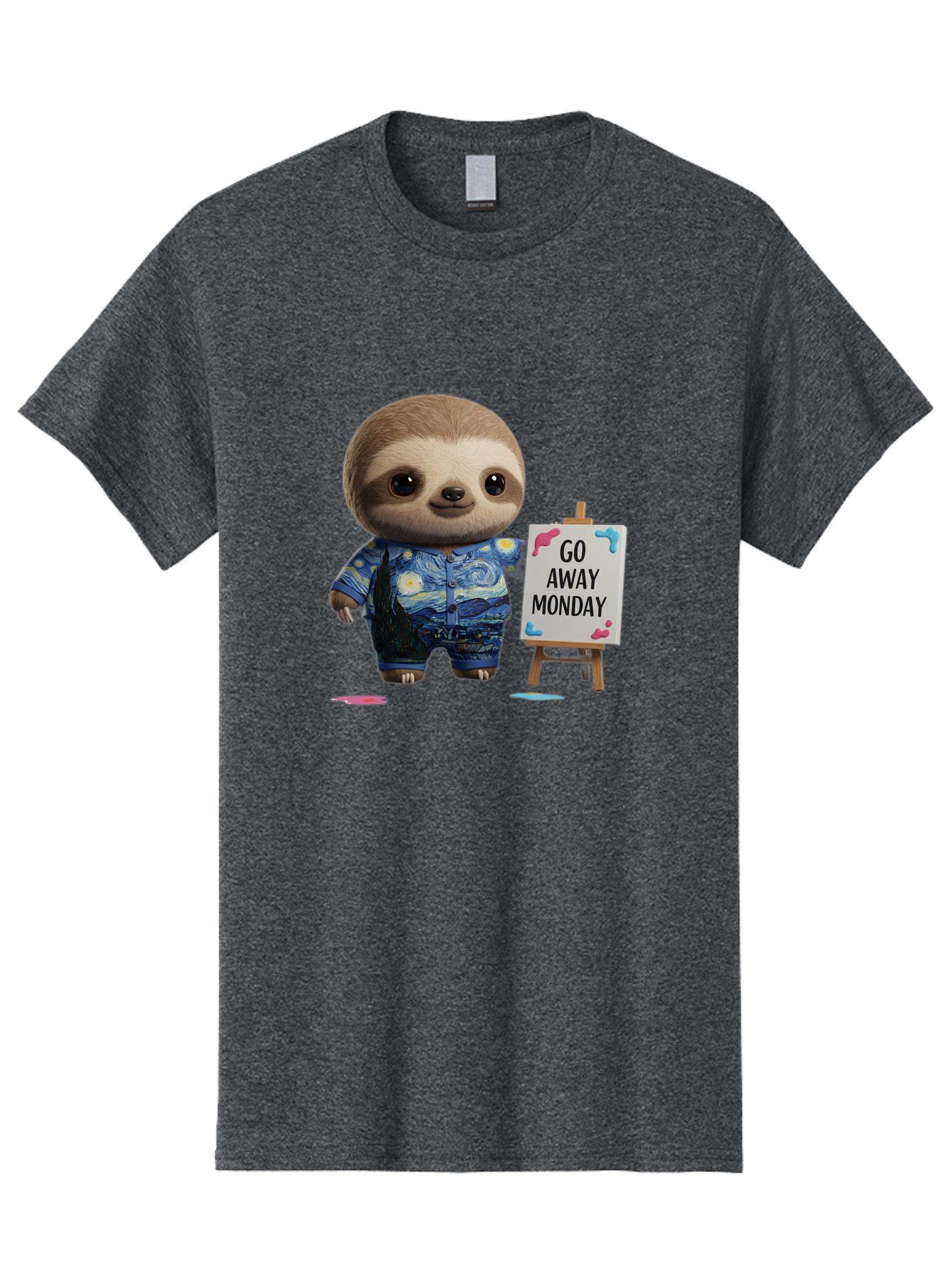 Sloth-Go-Away-Monday-2 Men'S Graphic Tee, 100% Cotton, Comfortable Casual Summer Wear, Machine Washable, Funny Sloth Meme, Monday Motivation, Art Humor, Creative Sloth, Van Gogh-Inspired Outfit, Humorous Canvas, Quirky Character, Monday Blues, Bae754