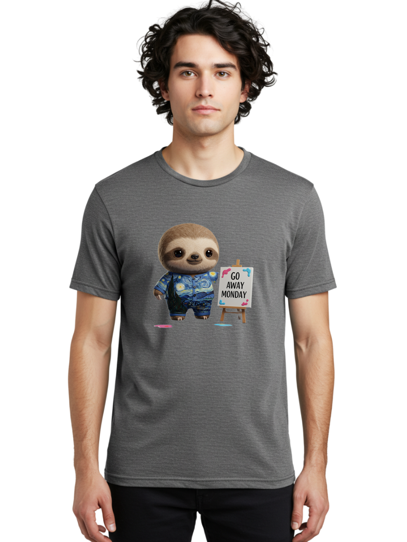 Sloth-Go-Away-Monday-2 Men'S Graphic Tee, 100% Cotton, Comfortable Casual Summer Wear, Machine Washable, Funny Sloth Meme, Monday Motivation, Art Humor, Creative Sloth, Van Gogh-Inspired Outfit, Humorous Canvas, Quirky Character, Monday Blues, Bae754